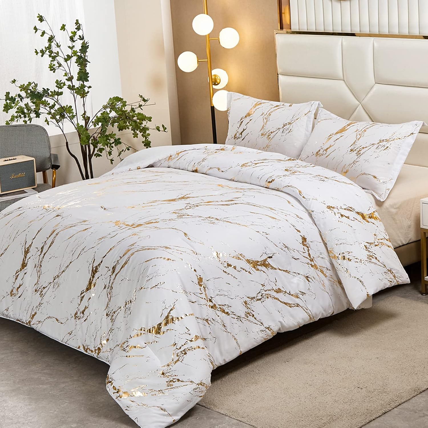 WONGS BEDDING White Gold Metallic Marble Comforter Set Queen Foil Print Glitter Bedding Sets with 2 Pillowcases for All Seasons, Soft Microfiber Filling Bedding Duvet Set 90"x90" - Image 2