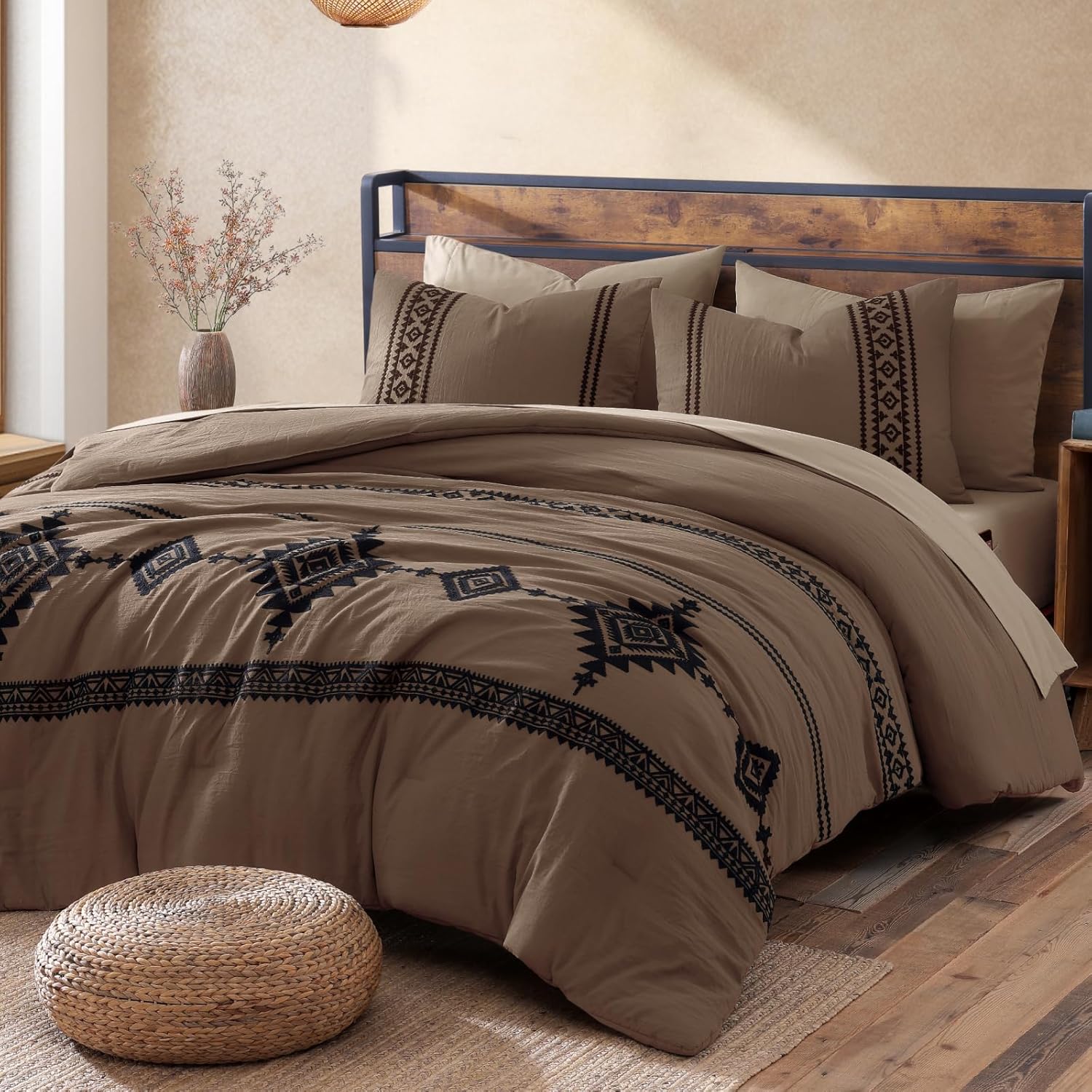 MaiRêve Burnt Orange Embroidery Comforters Set Queen Size - 7 Pieces, Farmhouse Western Bedding All Season, Bed in A Bag Queen Boho Comforter Set with Sheets, Pillowcases & Shams - Image 8