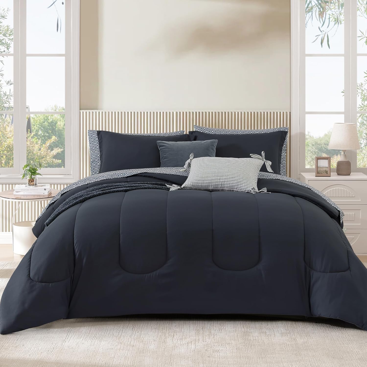 Monbix Queen Comforter Set - 7 Pieces Blue Gray Bed in a Bag Queen Bedding Sets with Comforters, All Seasons Comforter Bed Set with Sheets,Pillowcases & Shams - Image 13
