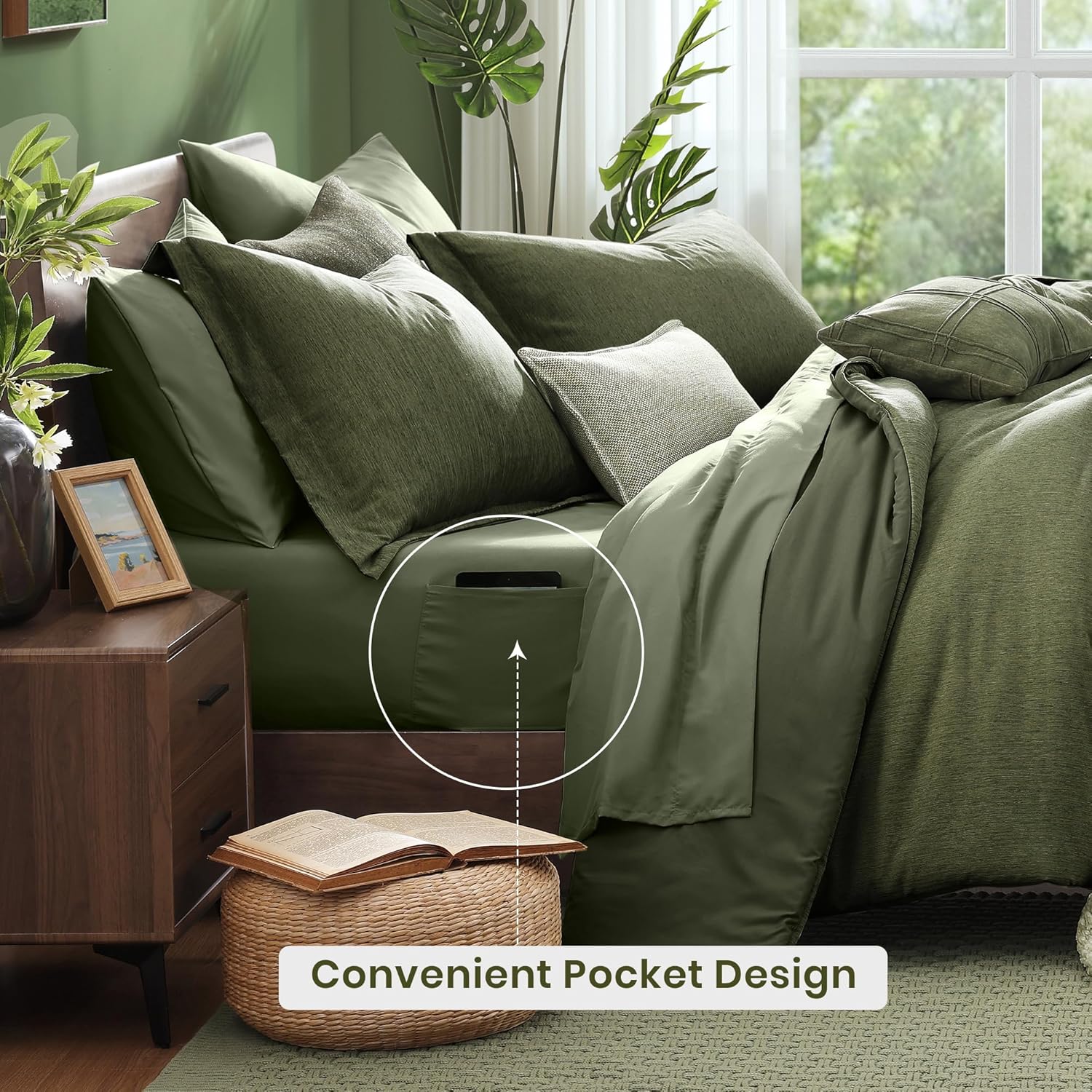 Monbix Queen Comforter Set - 7 Pieces Cationic Dyeing Olive Green Bed in a Bag Queen Bedding Sets with Comforter, Sheets, Pillowcases & Shams, Reversible Bedding Comforters Sets - Image 4