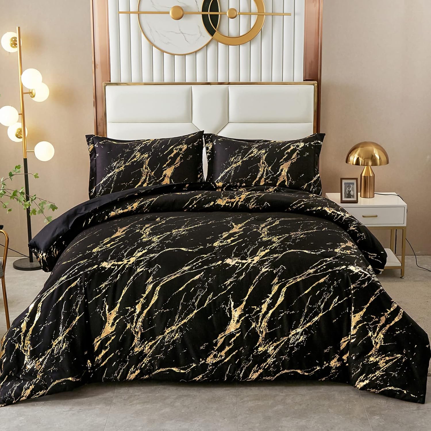 WONGS BEDDING White Gold Metallic Marble Comforter Set Queen Foil Print Glitter Bedding Sets with 2 Pillowcases for All Seasons, Soft Microfiber Filling Bedding Duvet Set 90"x90" - Image 7