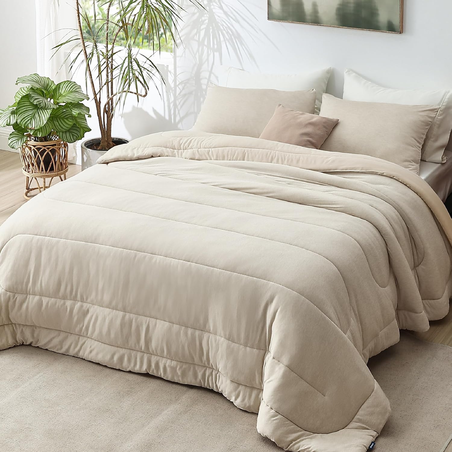 Bedsure Queen Comforter Set - Beige Soft Bedding for All Seasons, Cationic Dyed Bed Set, 3 Pieces, 1 Queen Size Comforter (90"x90") and 2 Pillow Shams (20"x26"+2") - Image 42