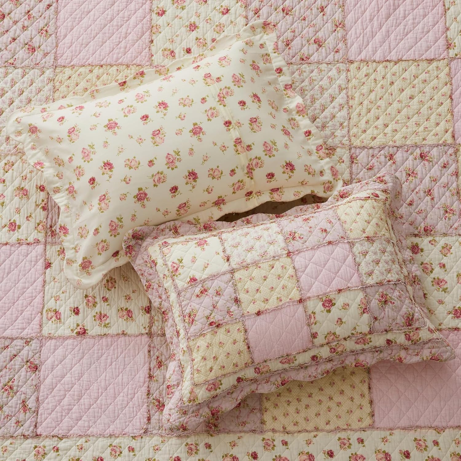 Cozyholy Queen Size Quilt Set 3-Piece, 100% Cotton Patchwork Quilt, Pink Floral Reversible Shabby Chic Bedding Bedspread for All Season, Soft Quilted Blanket with 2 Pillow Shams Machine Washable - Image 3