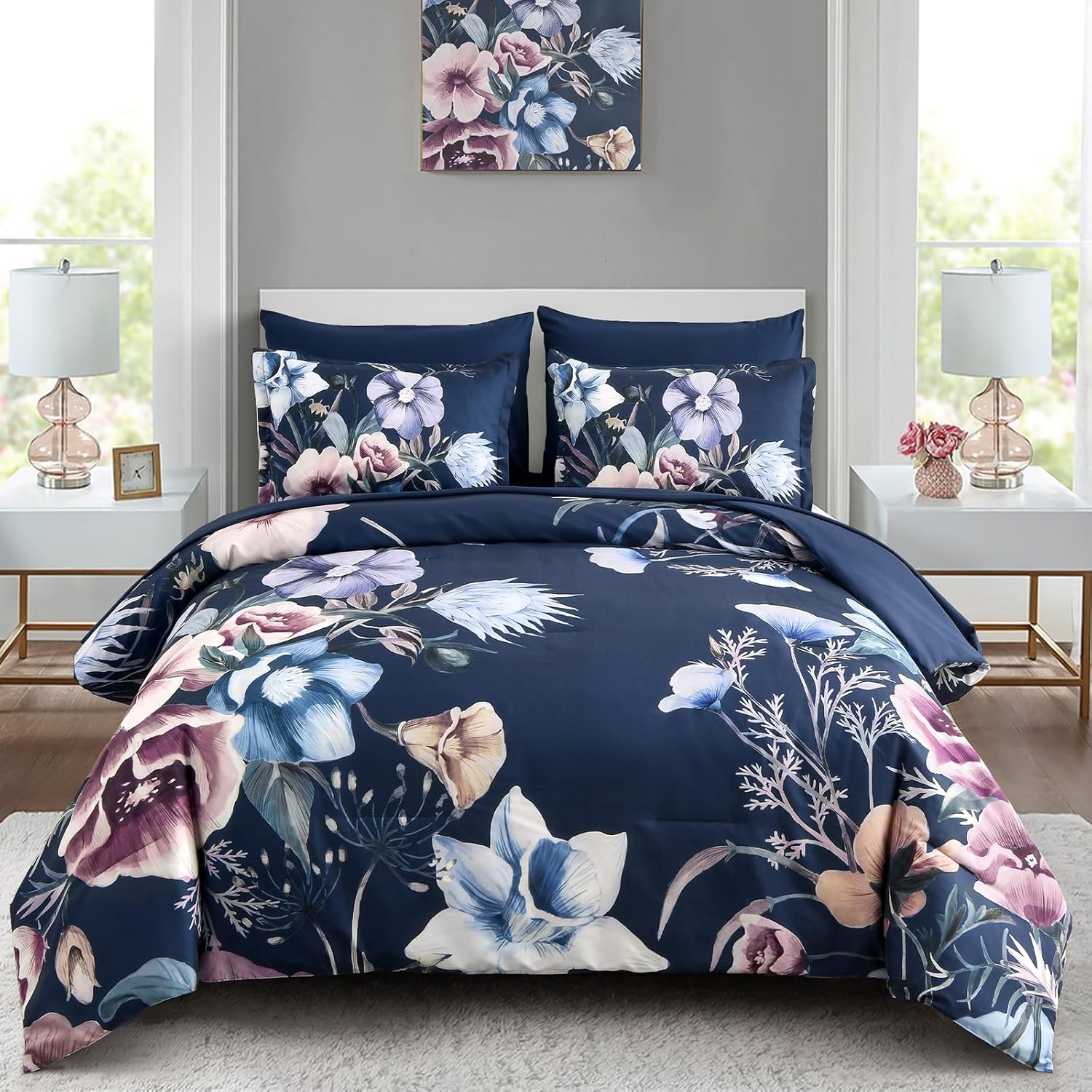 Luxudecor Floral Comforter Set Queen Size 7 Piece, Purple Flower Bed in a Bag, Elegant Floral Comforter with Sheet Set, Soft Microfiber Bedding Set for All Season (Purple, 90"x90") - Image 25