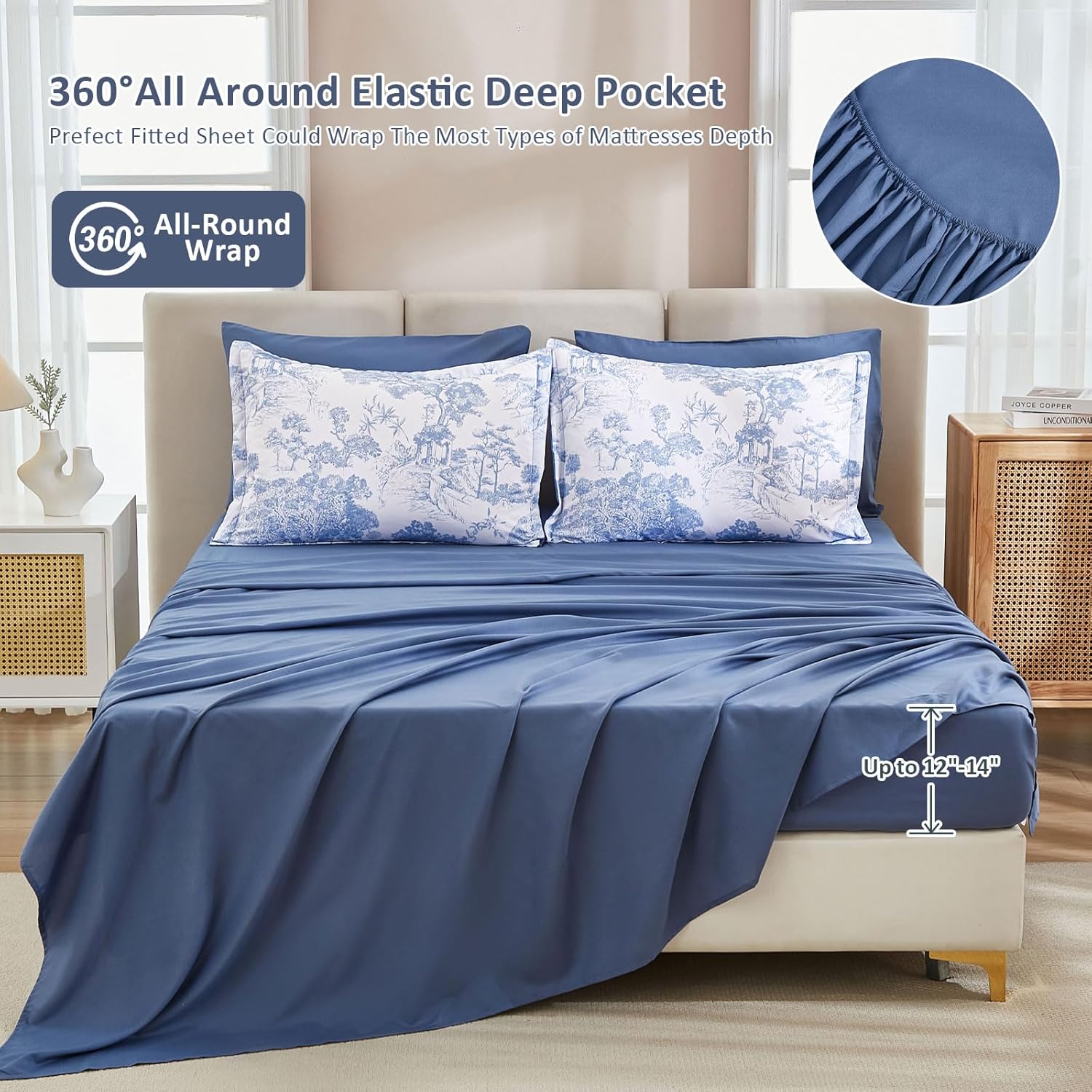 DJY Blue Comforter Set Queen, 7 Pieces Bed in a Bag Queen Size Botanical Comforters with Sheets Elegant Plants Print Soft Microfiber Reversible Complete Bedding Sets for All Season - Image 5