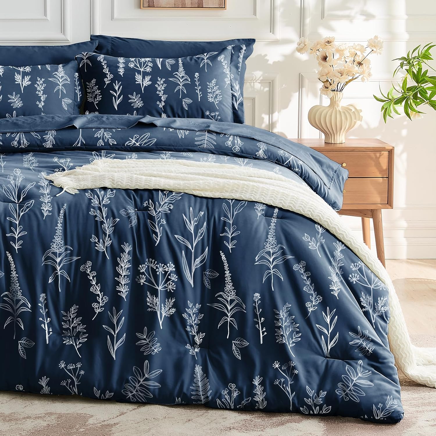 MUXHOMO Navy Blue Bed in a Bag Queen 7 Pieces, Queen Comforter Set Reversible Botanical Flowers Design, Ultra Soft & Breathable Bedding Sets with Comforter, Sheets, Pillowcases & Shams - Image 35