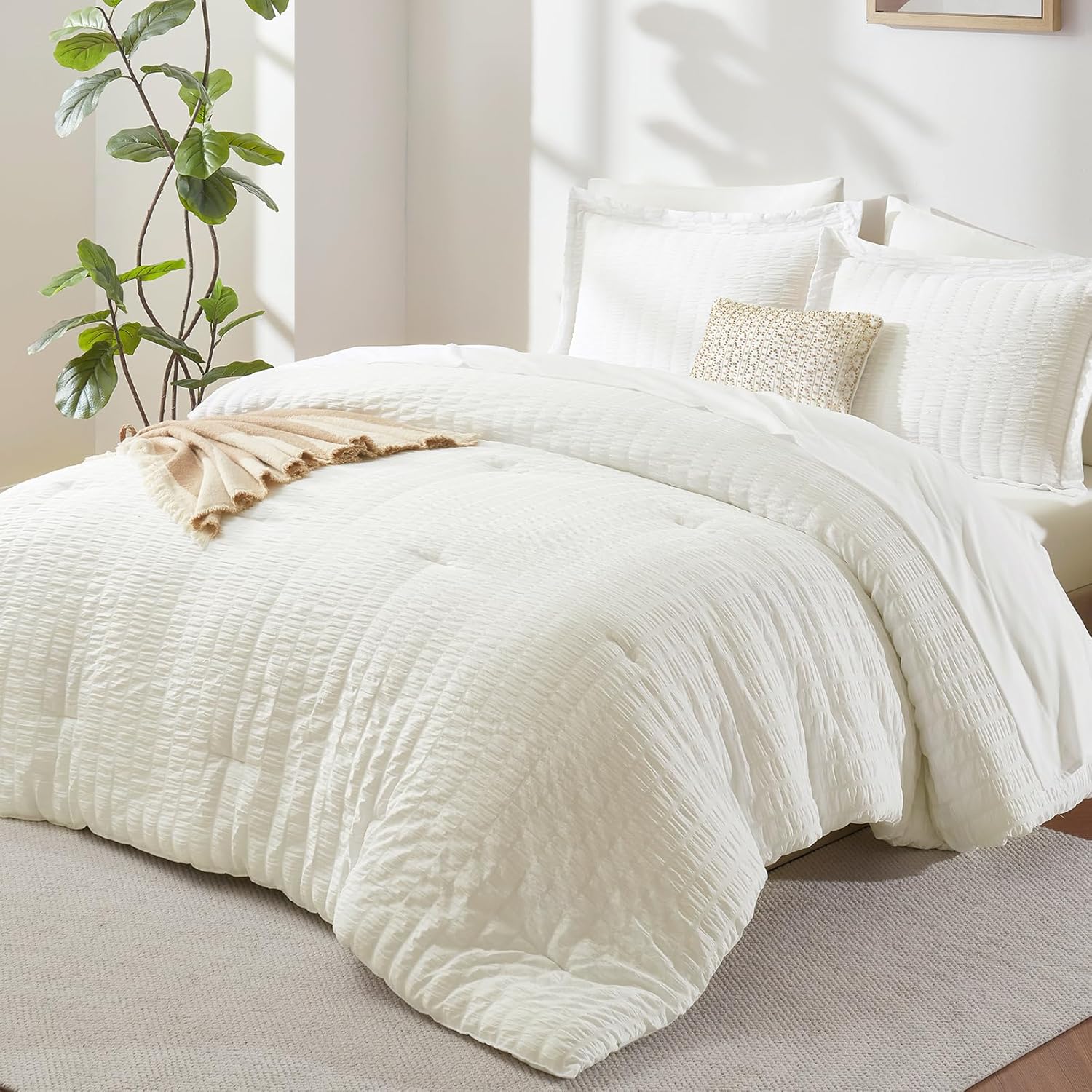 CozyLux Queen Comforter Set White Seersucker 7 Pieces Bed in a Bag Queen Comforter Set with Sheets, Luxury Soft Bedding Set with Down Alternative Comforter, Sheets, Pillowcases & Shams for All Seasons - Image 18