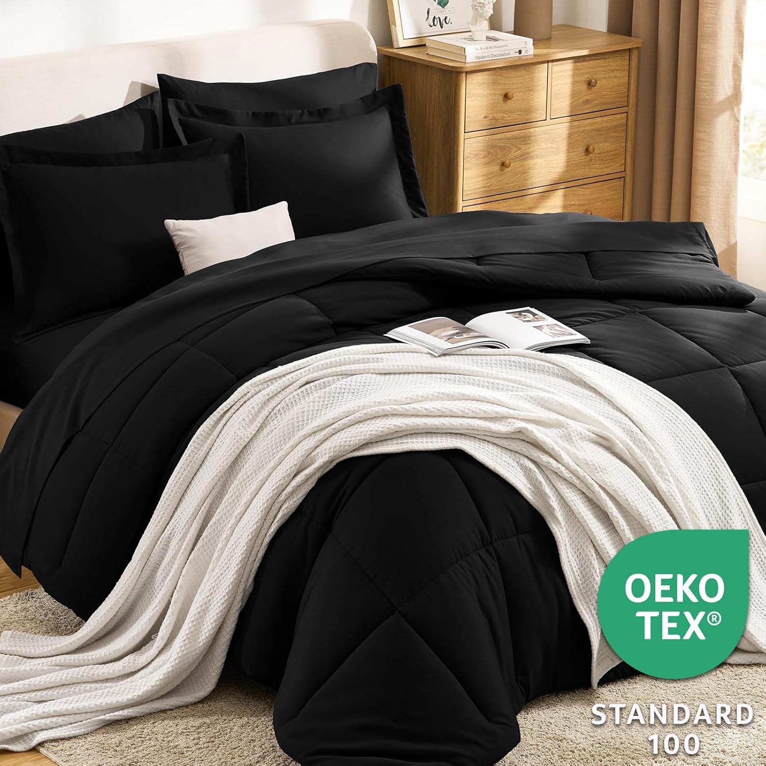 CozyLux Queen Comforter Set Black - 7 Pieces Bed in a Bag Queen, All Season Soft Bedding Set, Oeko-Tex Certified Reversible Bed Set with Down Alternative Comforter, Sheets, Pillowcases & Pillow Shams - Image 3