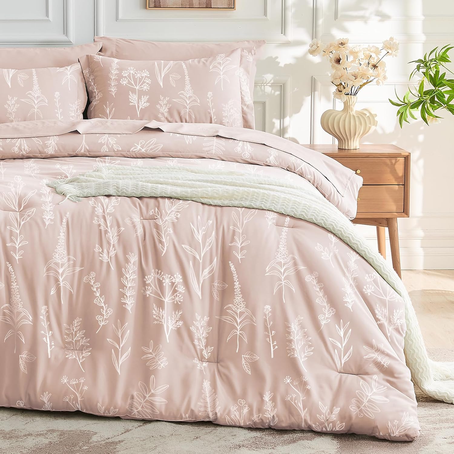 MUXHOMO Bed in a Bag Queen 7 Pieces, Sage Green Queen Comforter Set Reversible Botanical Flowers Design, Ultra Soft & Breathable Bedding Sets with Comforter, Sheets, Pillowcases & Shams - Image 31