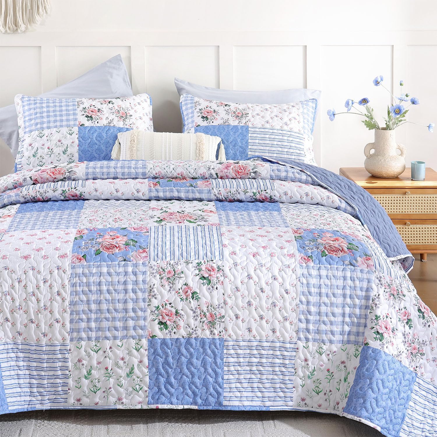 YIKUSH Quilt Sets Queen Size Floral Quilt Set 3 Pieces Bedding Set Bedspreads Pink Comforter Blanket with 2 Pillow Cases- Ultra Soft Floral Coverlet with Printed Pattern 90in.x 90in - Image 7