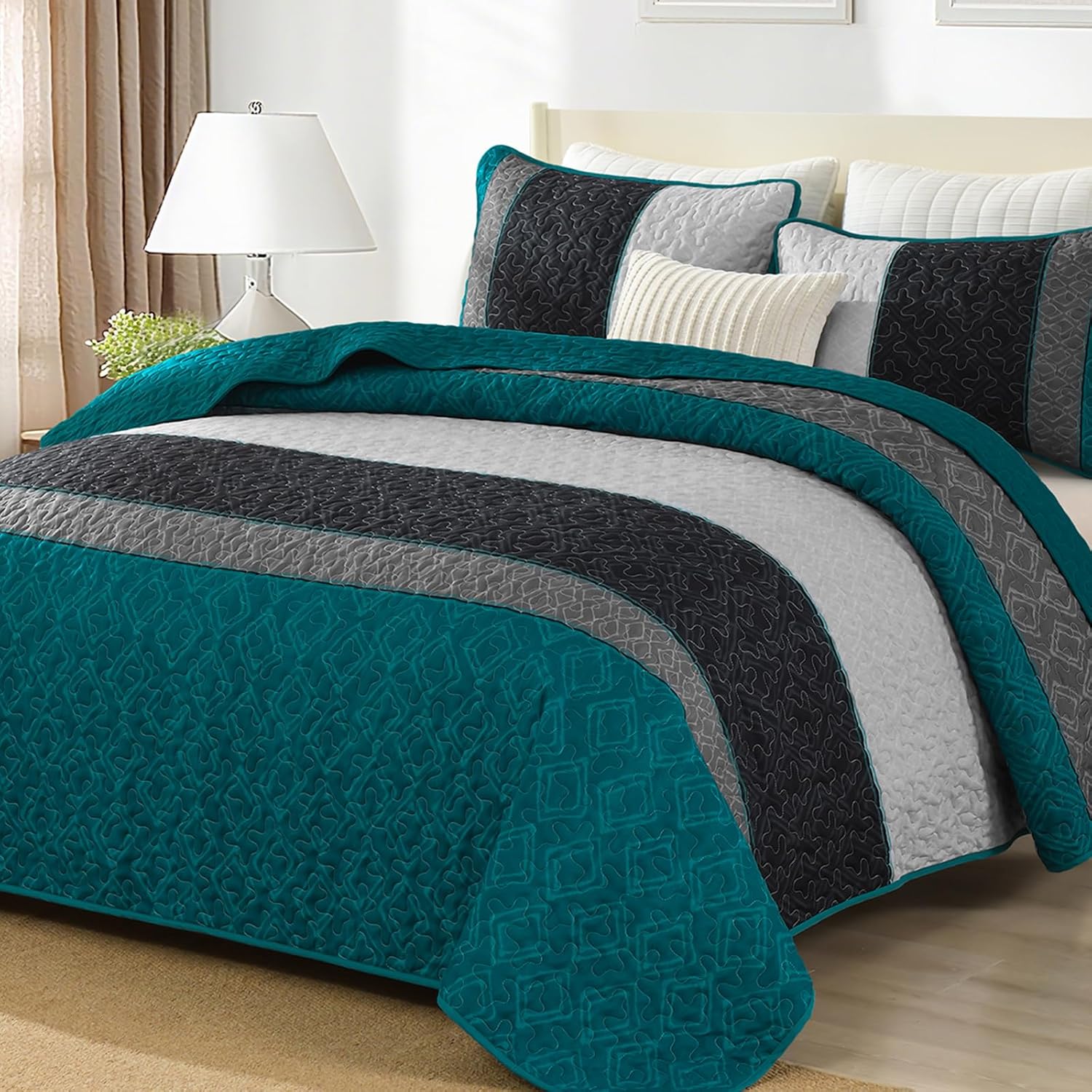 Cottolester Boho Quilt Set King Size 3 Pieces,Grey Striped Plaid Bedspread,Soft Microfiber Bedding Set with 2 Pillow Shams 110"x90" - Image 16