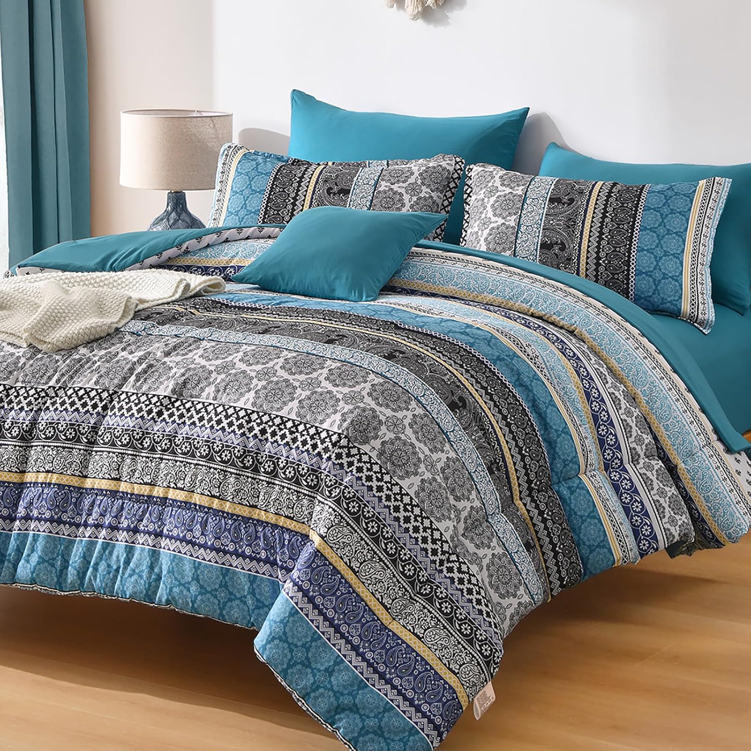Cottolester Boho Comforter Set Full Size 8 Piece Bed in a Bag Bohemian Striped Bedding Quilt Set Aqua Paisley Floral Comforter and Sheet Set,Soft Microfiber Complete Bedding Sets for All Season - Image 35