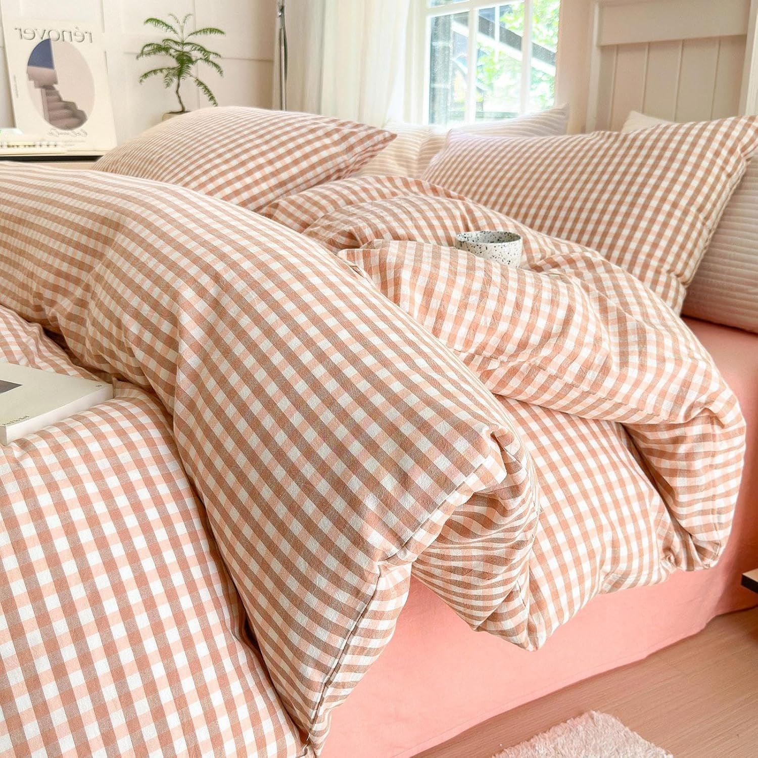 LifeTB Queen Comforter Set Tan Gingham Comforter Modern Style Beige Plaid Comforter Set 3 Pieces Fluffy Grid Checkered Comforter with 2 Pillowcases Boho Gingham Bedding Set Queen Size - Image 12