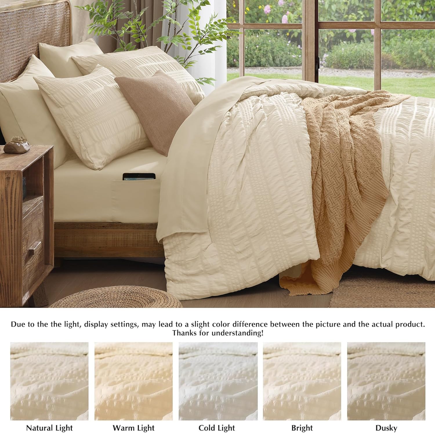 CASAAGUSTO Queen Comforter Set, 7 Pieces Beige Seersucker Bed in a Bag Queen Size Soft All Seasons, Bedding Sets with Comforter, Flat Sheet, Fitted Sheet, 2 Pillow Shams, 2 Pillowcases - Image 3