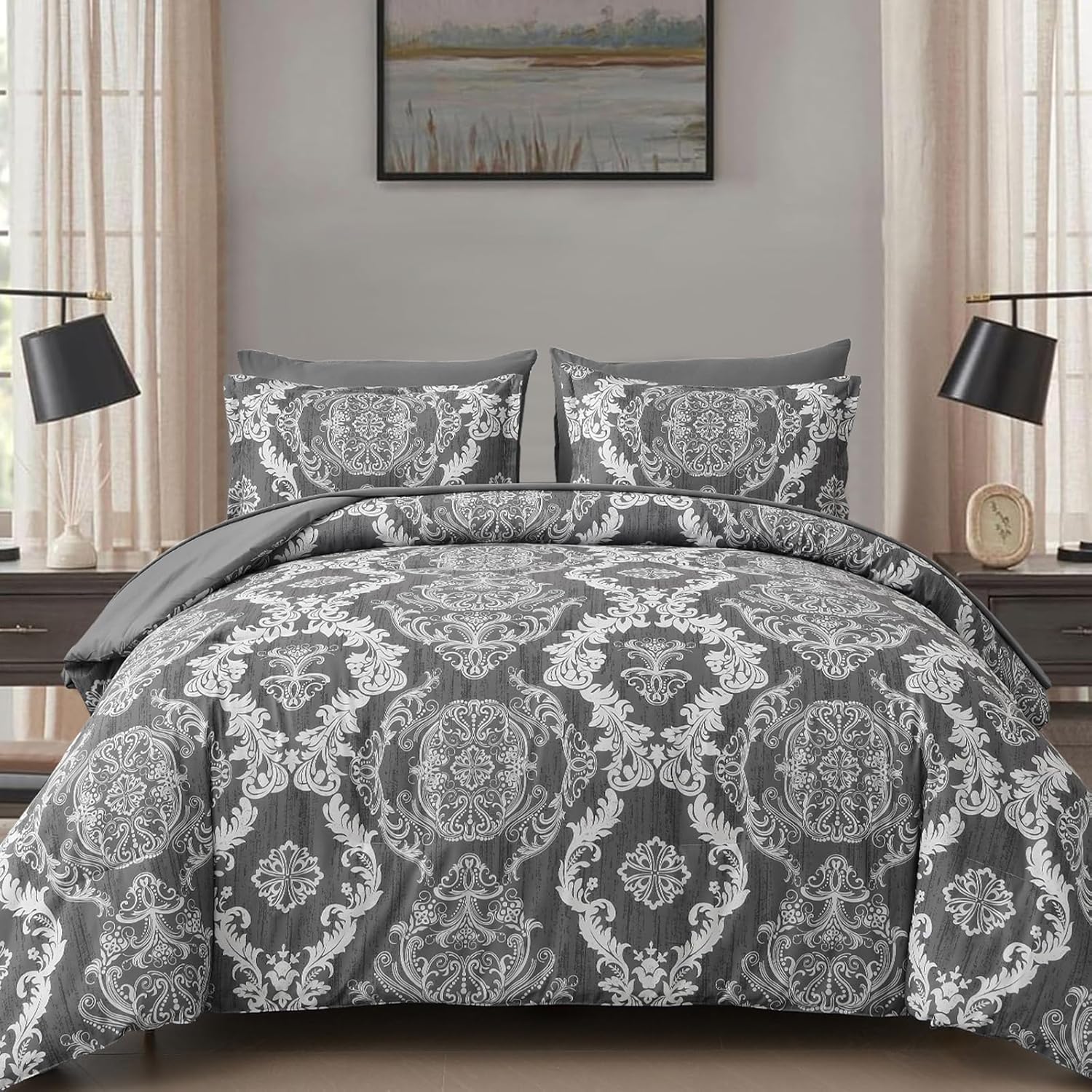 WONGS BEDDING Black Comforter Set Queen Size, Gold Damask Texture 7 Pieces Bed in a Bag Microfiber Comforter Bedding Sets -1 Comforter, 1 Flat Sheet, 1 Fitted Sheet, 2 Pillow Shams, 2 Pillowcases - Image 13