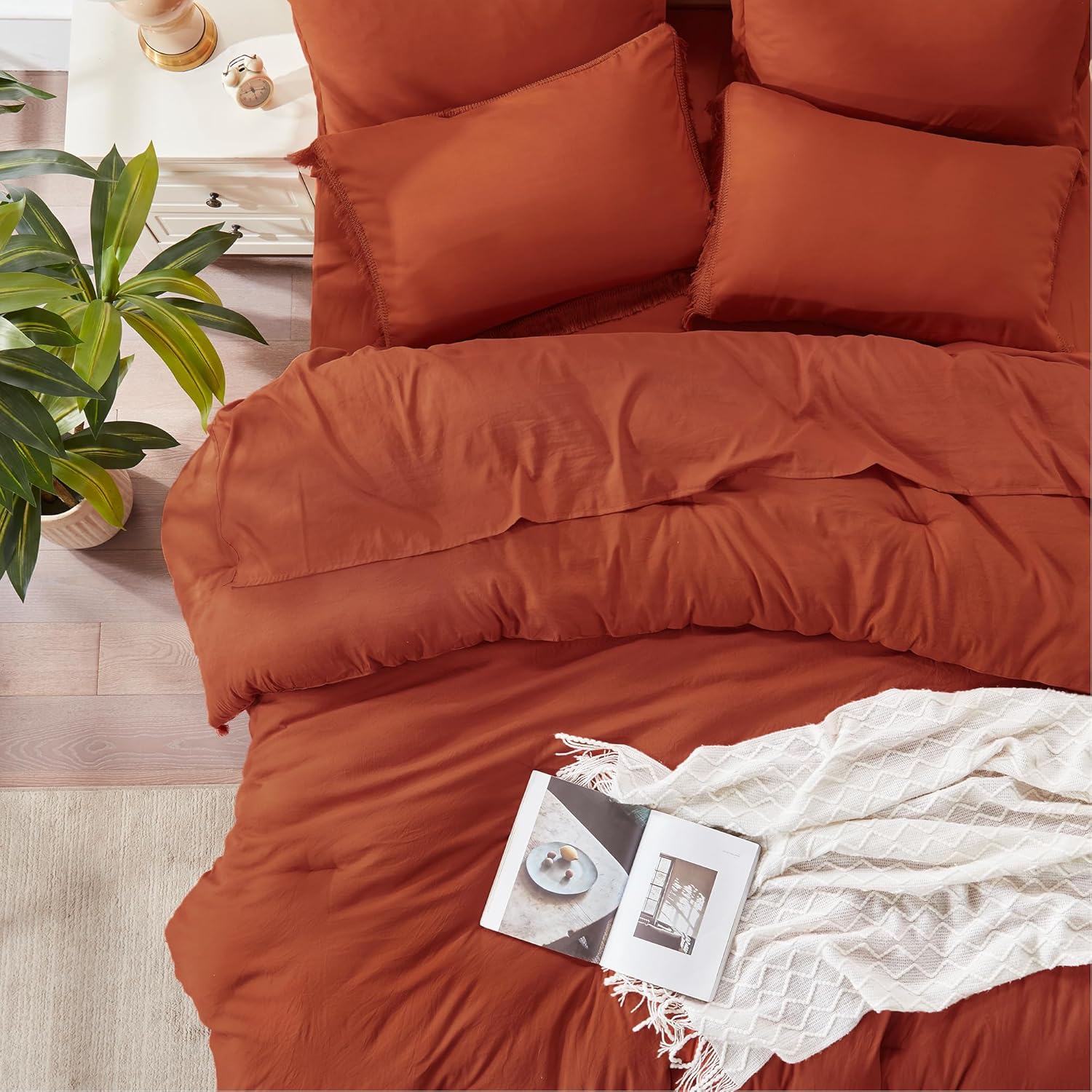 Andency Queen Comforter Set with Sheets Burnt Orange - 7 Pieces Boho Tassel Bed in a Bag Soft Lightweight Bedding Sets, Terracotta Rust Fringe Bed Set with Comforter, Sheets, Pillowcases & Shams - Image 3