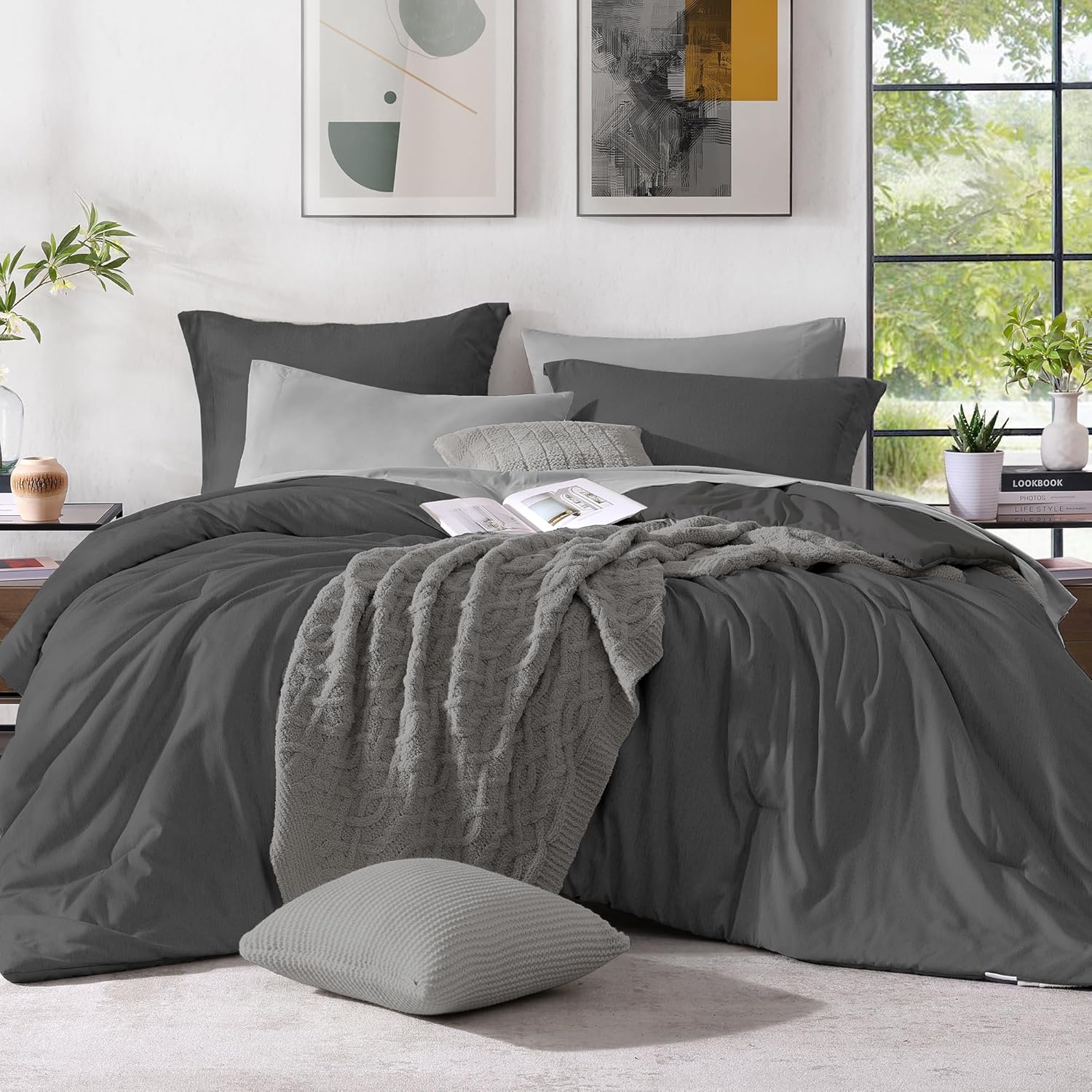 Monbix Queen Comforter Set - 7 Pieces Cationic Dyeing Olive Green Bed in a Bag Queen Bedding Sets with Comforter, Sheets, Pillowcases & Shams, Reversible Bedding Comforters Sets - Image 11
