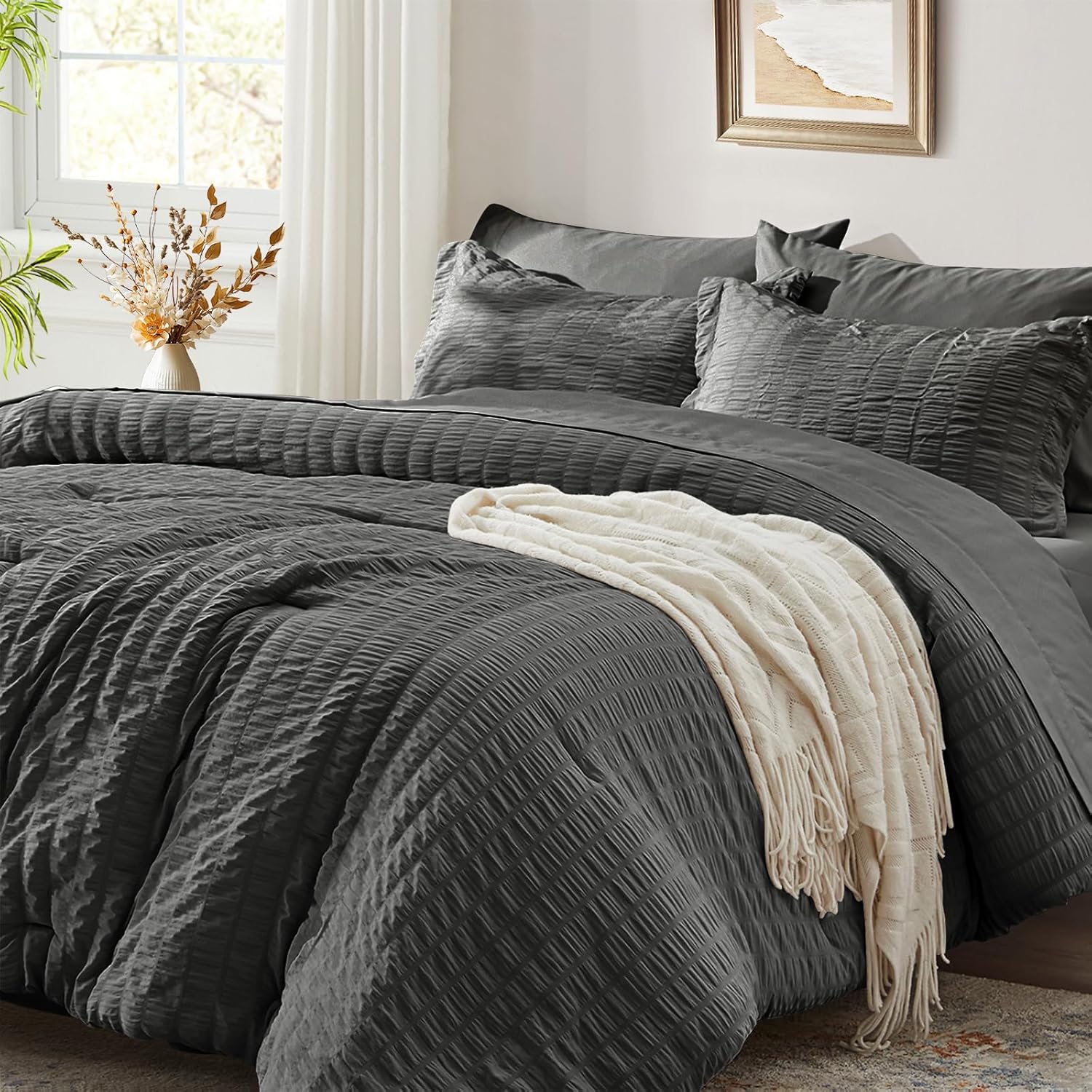 Zzlpp Queen Comforter Set 7 Pieces, Olive Green Seersucker Bed in a Bag with Comforter and Sheets, All Season Bedding Sets with 1 Comforter, 2 Pillow Shams, 2 Pillowcases, 1 Flat Sheet - Image 17