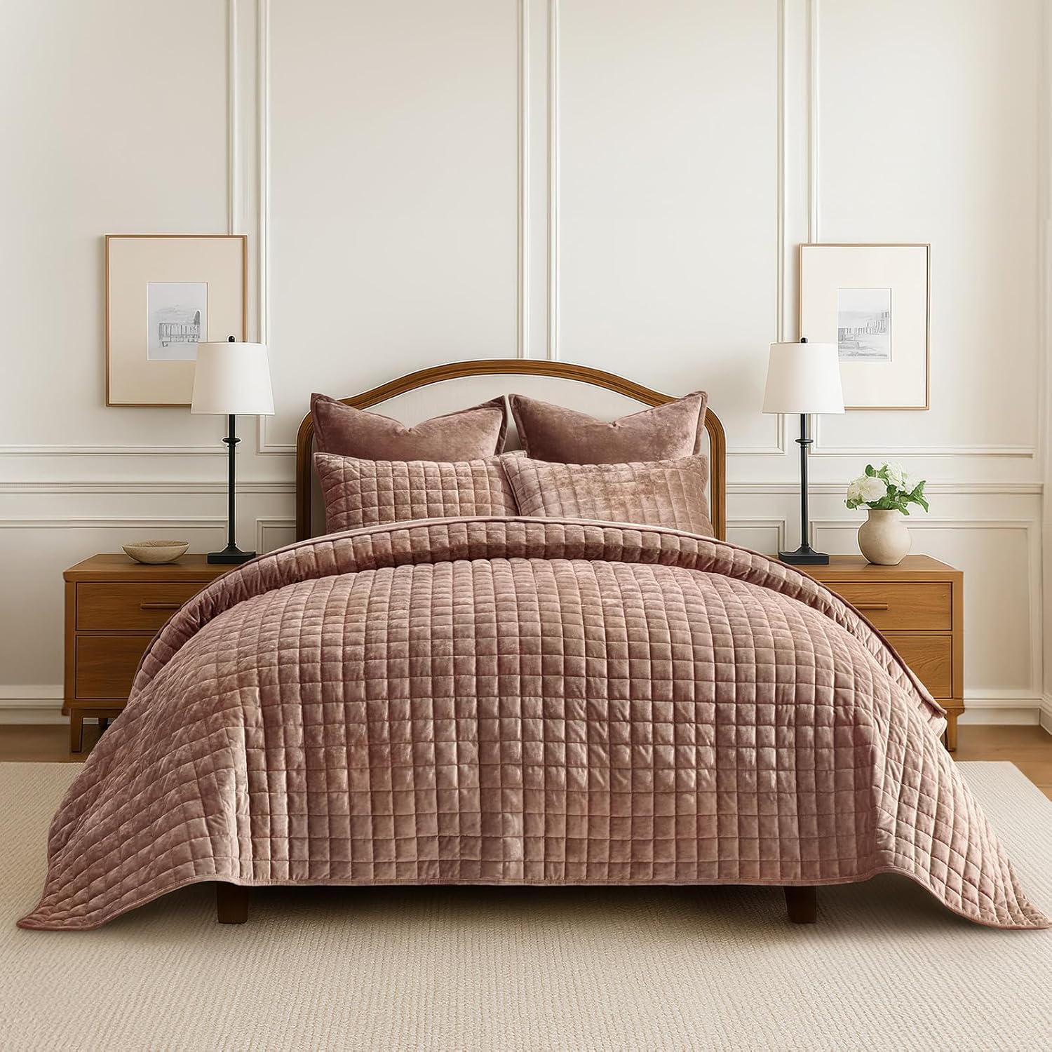 RECYCO Luxury Velvet Quilt Set King Size Bedding Sets, Ultra Soft Velvet Comforter Set, Lightweight Channel Box Stitch Oversized Bedspread Coverlet for All Season, with 2 Shams, Beige - Image 37