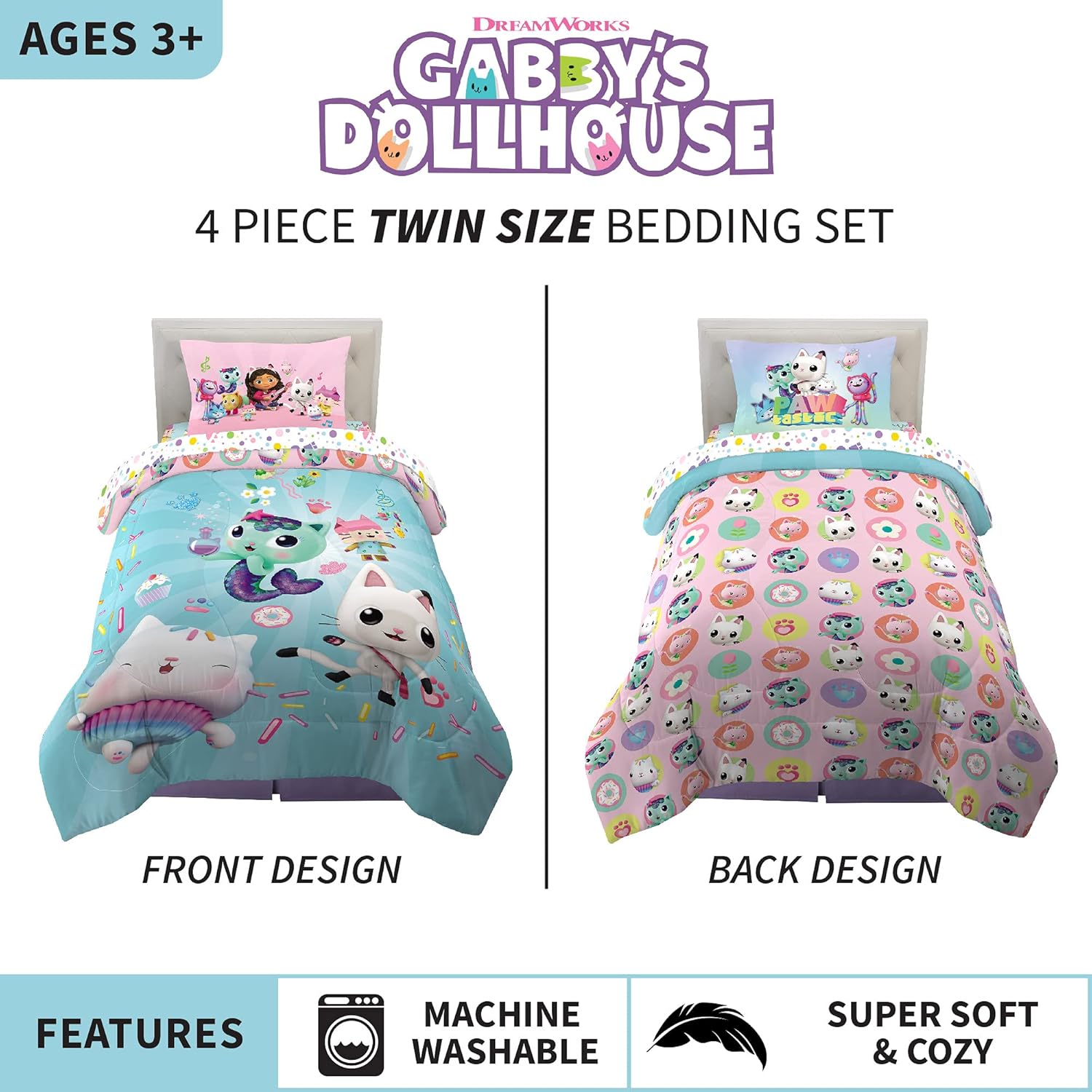 DreamWorks Gabby's Dollhouse Cakey, MerCat And Pandy Kids Bedding Super Soft Comforter And Sheet Set, 4 Piece Twin Size, By Franco - Image 3