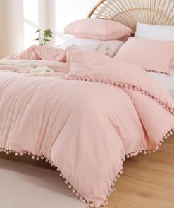 YIRDDEO Queen Comforter Set - Comforter Queen Size Sets with Ball Pom Fringe, Soft Bedding Set for All Seasons - 3 Pieces, 1 Comforter (90"x90") & 2 Pillow Shams (20"x26"), Blush