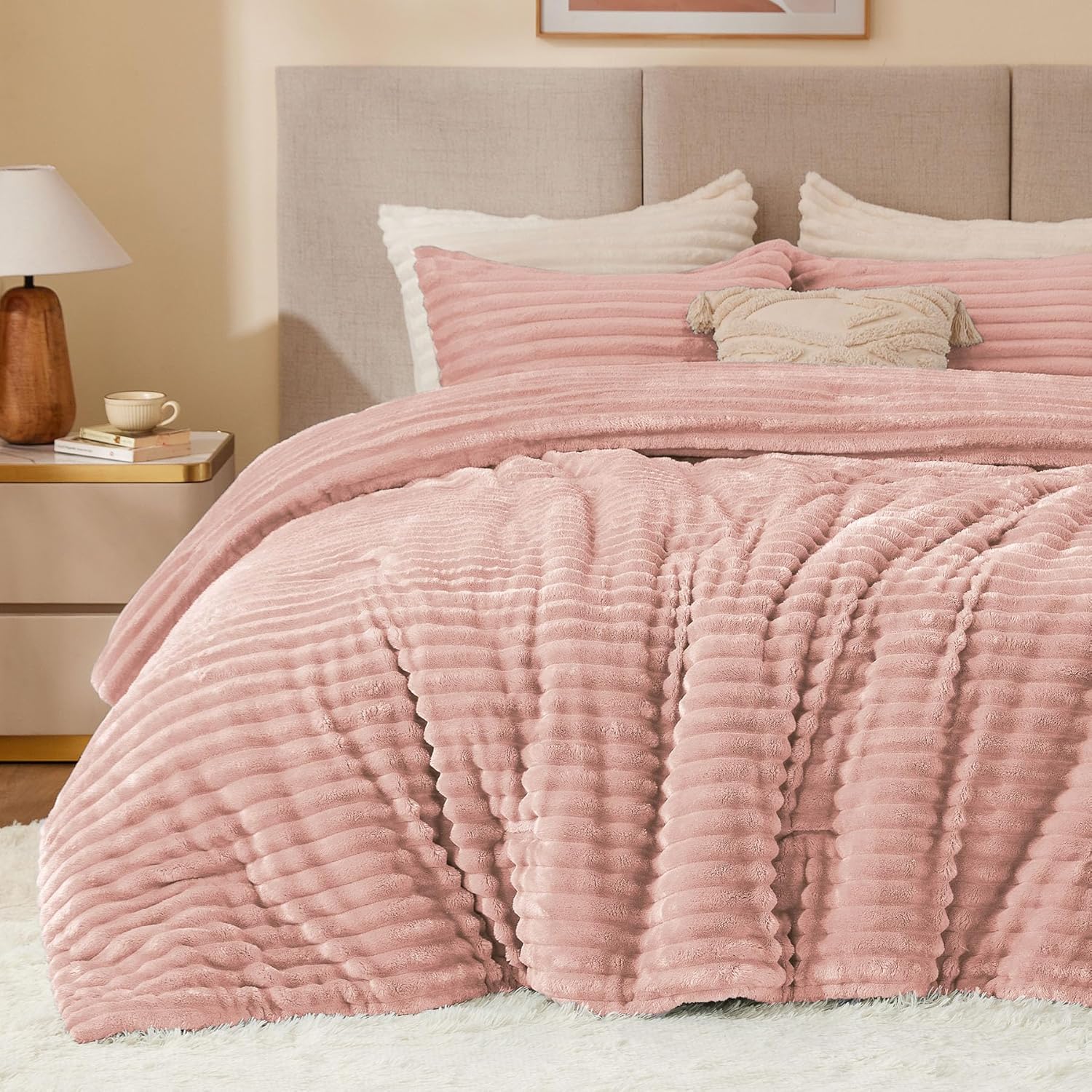 BEDELITE Fleece Queen Comforter Set -Super Soft & Warm Fluffy Cream White Bedding, Luxury Fuzzy Heavy Bed Set for Winter with 2 Pillow Cases - Image 28