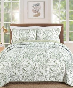 WONGS BDEEING Quilt Queen Size, Sage Green Quilt Bedding Set with 2 Pillowcases, Botanical Quilt for Queen Bed, Soft Microfiber Lightweight Coverlet Bedspread for All Season (96"×90", 3 Pieces)