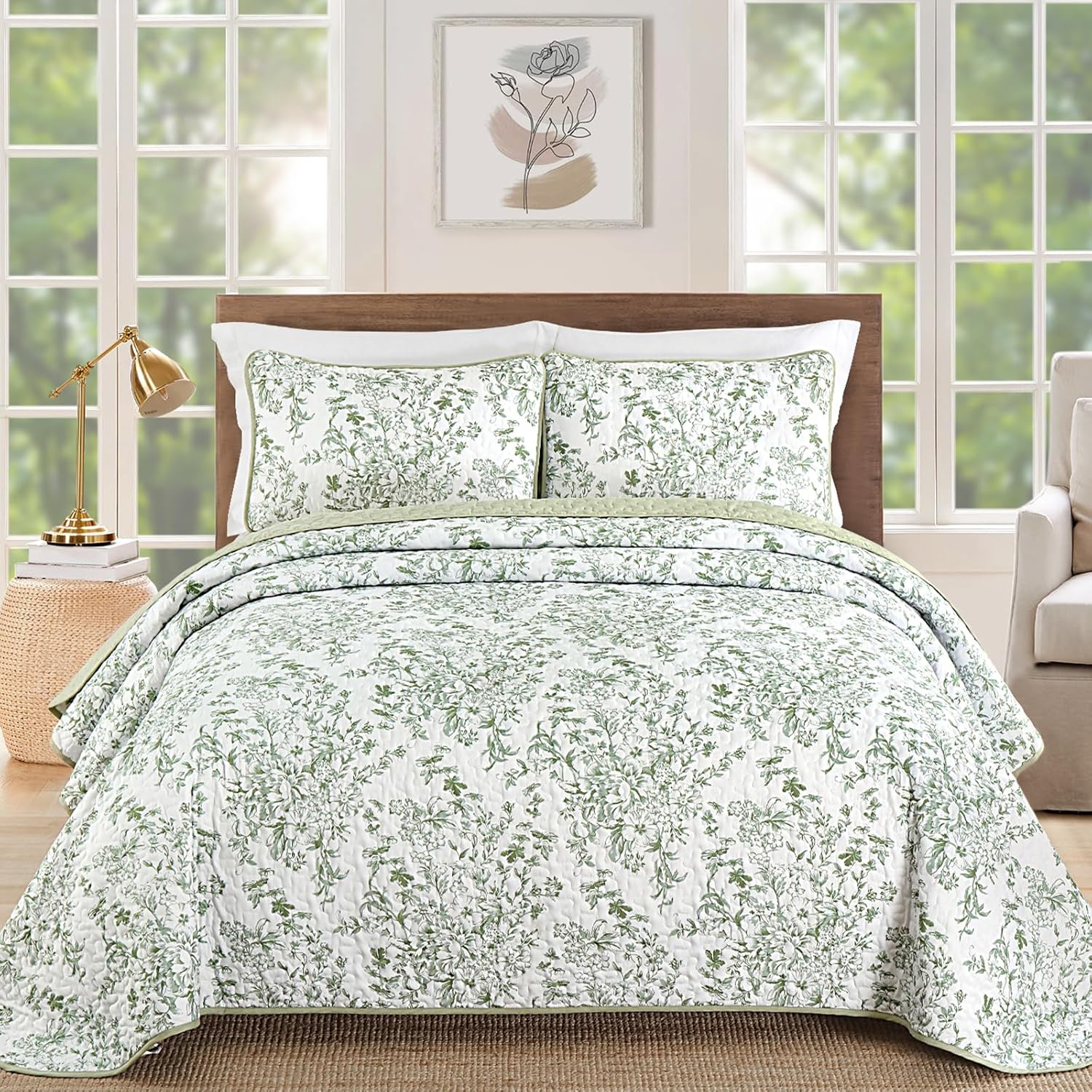 WONGS BDEEING Quilt Queen Size, Sage Green Quilt Bedding Set with 2 Pillowcases, Botanical Quilt for Queen Bed, Soft Microfiber Lightweight Coverlet Bedspread for All Season (96"×90", 3 Pieces)