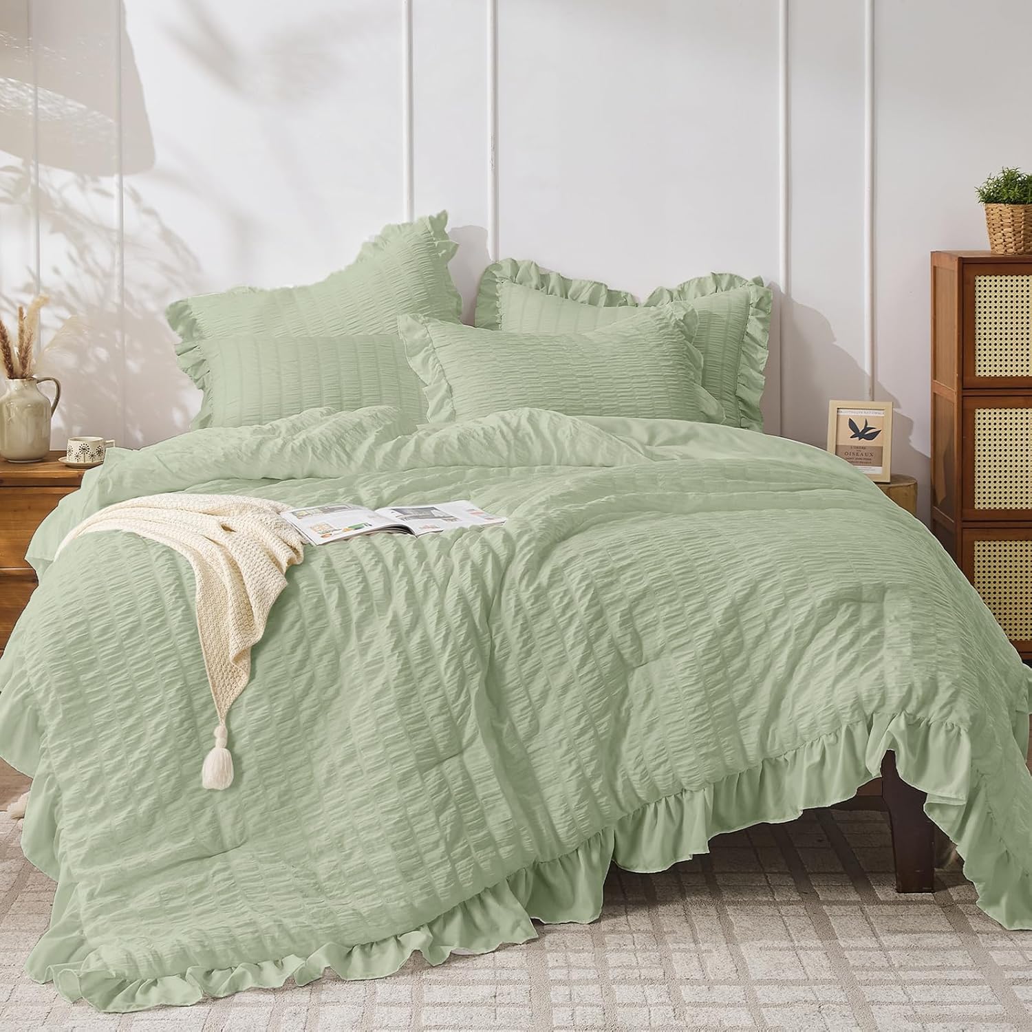 JOLLYVOGUE Queen Comforter Set, 3 Pieces White Seersucker Comforters Queen Size, Lightweight & Fluffy Bedding Sets Queen for All Season with 1 Ruffle Comforter and 2 Ruffle Pillowshams - Image 17