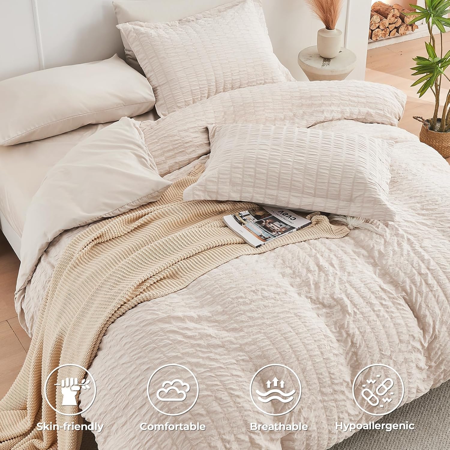 HYMOKEGE Beige Duvet Cover Queen Size, Ultra Soft 3-Piece Seersucker Duvet Cover Set with Zipper Closure, Soft Brushed Microfiber Bedding Set with 8 Corner Ties (90"x90", 2 Pillowshams) - Image 2