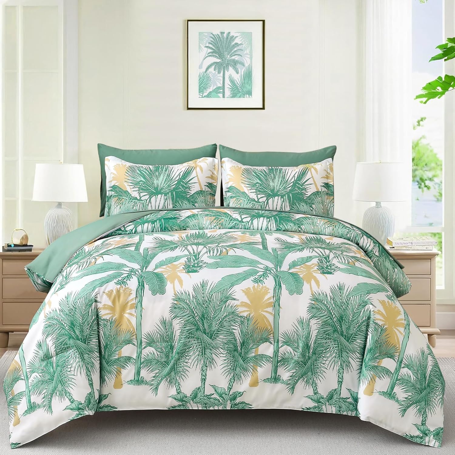 WONGS BEDDING Botanical Comforter Set Queen, 7 Pieces Blue Palm Tree Bed in a Bag, Reversiable Soft Microfiber Coastal Beach Bedding with Comforter, Flat Sheet, Fitted Sheet, Pillow Shams Pillowcases - Image 7