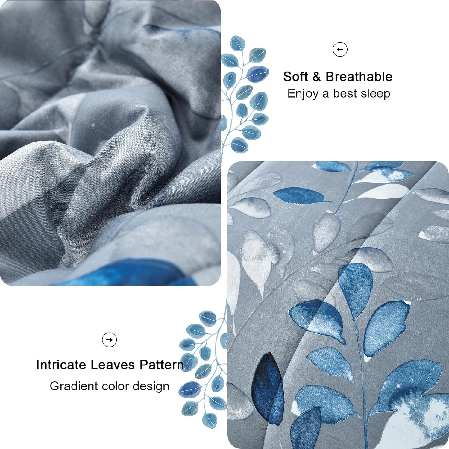 Blue Floral Comforter Set Queen Size 7 Piece Navy Botanical Gradient Leaves Ultra Soft Microfiber Down Alternative Bedding Set Lightweight Reversible Boho Bed Comforter Set for All Season 90" x 90" - Image 5