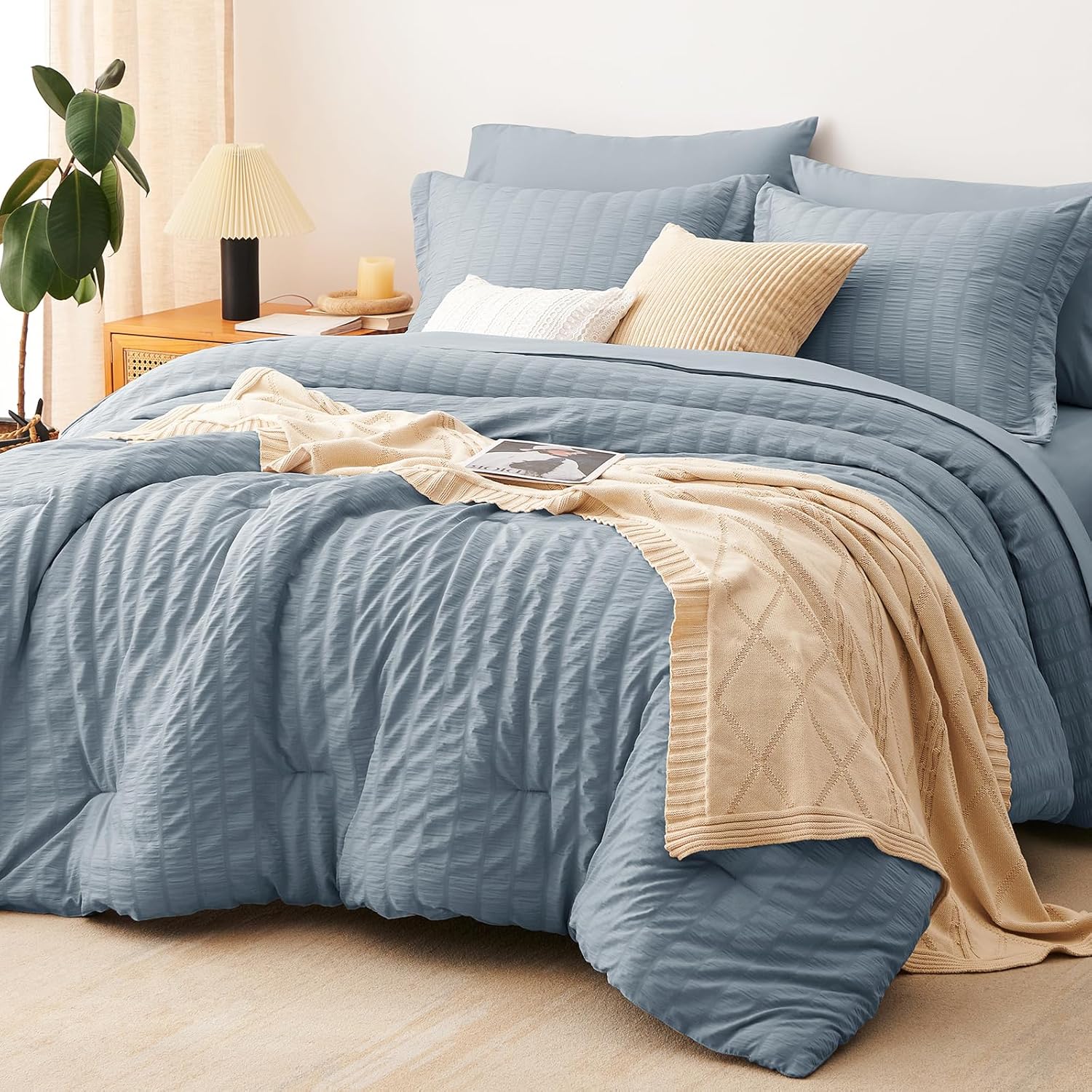 CozyLux Queen Comforter Set White Seersucker 7 Pieces Bed in a Bag Queen Comforter Set with Sheets, Luxury Soft Bedding Set with Down Alternative Comforter, Sheets, Pillowcases & Shams for All Seasons - Image 17