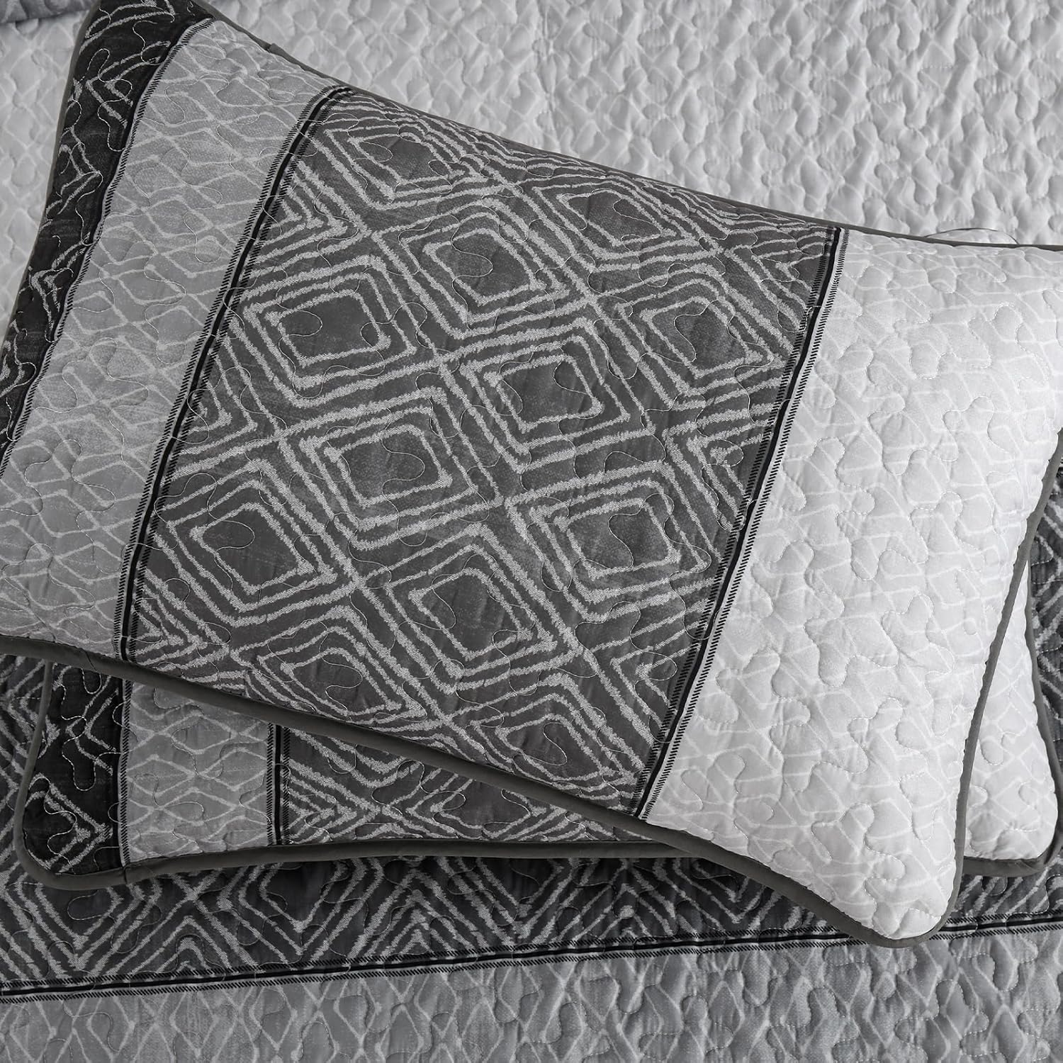 Cottolester Boho Quilt Set King Size 3 Pieces,Grey Striped Plaid Bedspread,Soft Microfiber Bedding Set with 2 Pillow Shams 110"x90" - Image 6