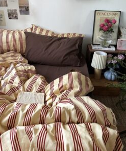 mixinni Retro Striped Duvet Cover Set Queen - 100% Natural Cotton 3-Piece Vintage Red Stripes Pattern Printed Bedding Set, Soft Breathable Comforter Cover with Zipper Closure & Corner Ties, Queen Size