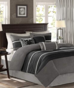 Madison Park - Palmer 7 Piece Comforter Set - Black and Gray - California King - Pieced Microsuede - Includes 1 Comforter, 3 Decorative Pillows, 1 Bed Skirt, 2 Shams