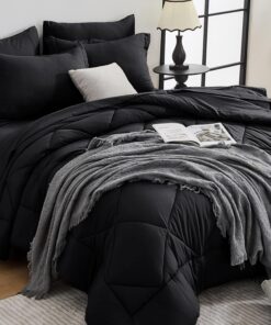 HEVUMYI Black Queen Comforter Set - 7-Piece All Season Bed in a Bag Queen, Ultra Soft Bedding Set with Comforter, Flat Sheet, Fitted Sheet, Pillowcases, Pillow Shams, Black