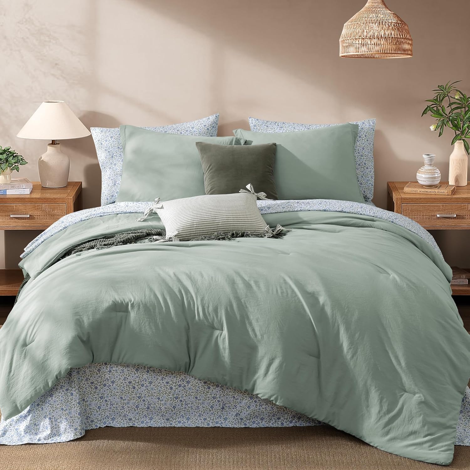 Monbix Queen Comforter Set - 7 Pieces Dusty Blue Prewashed Bed in a Bag Queen Bedding Sets with Comforters, All Seasons Ultra Soft Comforter Bed Set with Sheets,Pillowcases & Shams - Image 15