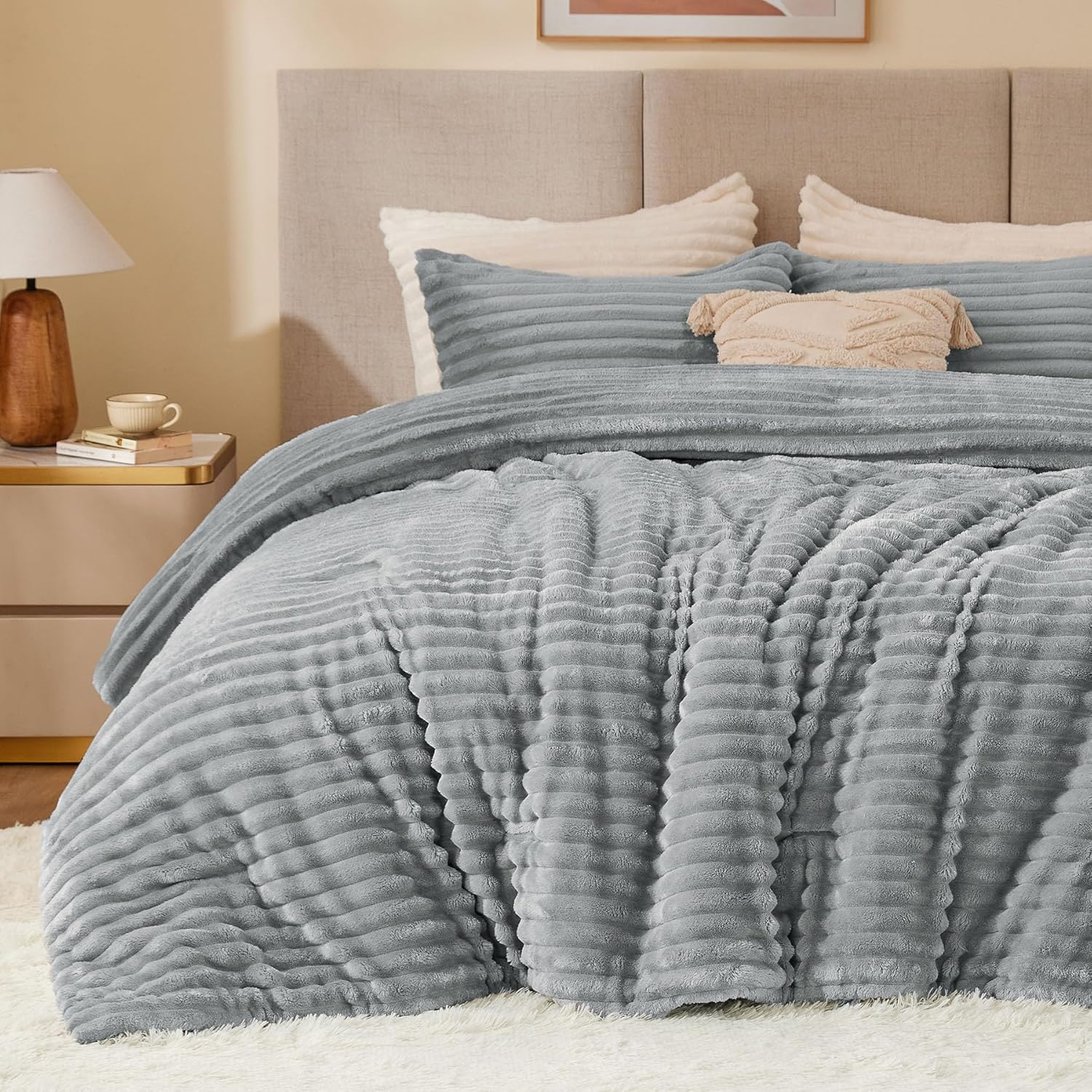 BEDELITE Fleece Queen Comforter Set -Super Soft & Warm Fluffy Cream White Bedding, Luxury Fuzzy Heavy Bed Set for Winter with 2 Pillow Cases - Image 38