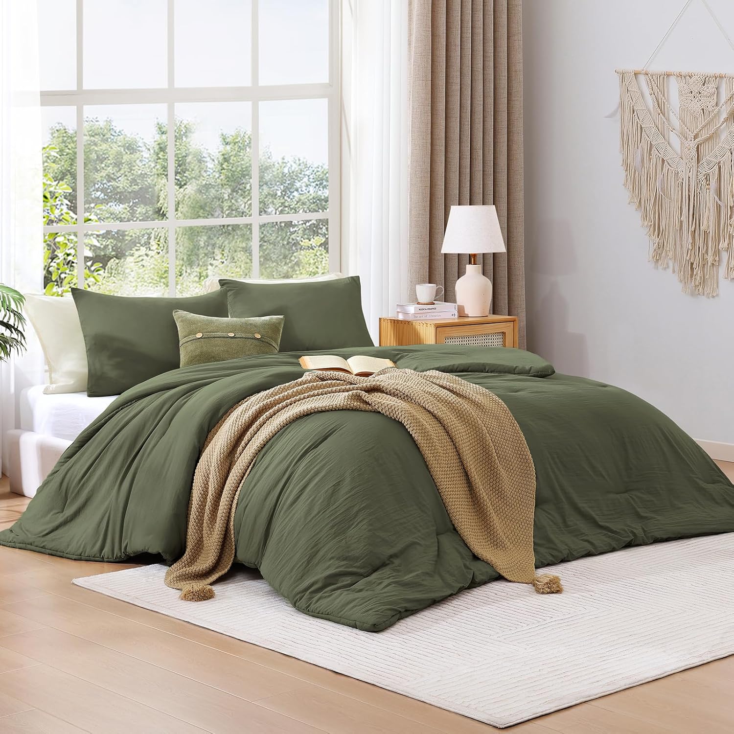 WRENSONGE King Size Comforter Set - 3 Pieces Olive Green Comforter Prewashed Soft Lightweight for All Seasons,Fluffy Down Alternative Comforter King Size with 2 Pillow Shams - Image 2