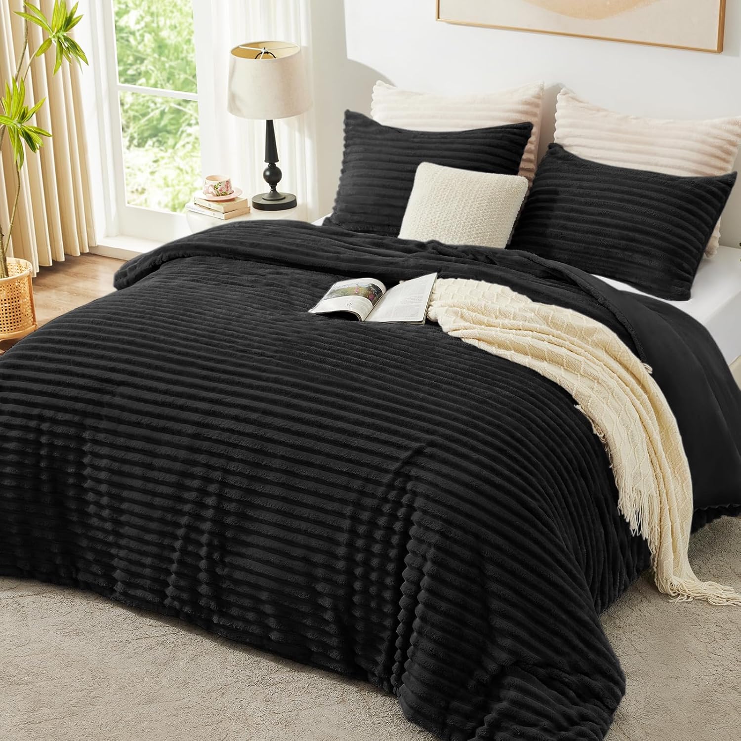 EXQ Home Fluffy Comforter Set Queen Size - Super Soft Faux Fur Stripe Jacquard Comforter 3 Pieces, Black Fleece Bedding Set,Winter Warm Bed Set,1 Comforter with 2 Pillowcases - Image 4