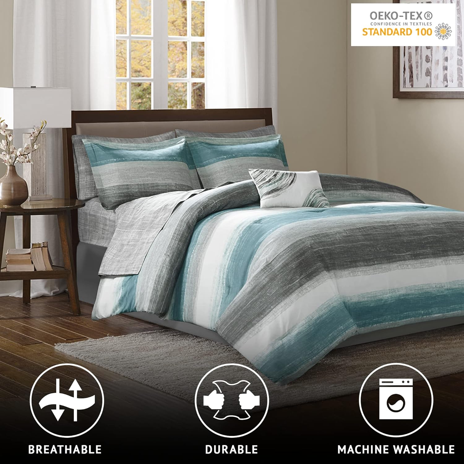 Madison Park Essentials Queen Comforter Set, Bed in a Bag Queen, Watercolor Print Coastal Comforter & Chambray Cotton Sheet Set, All Season Bedding Set, Saben, Aqua Queen (90 in x 90 in) 9 Piece - Image 3