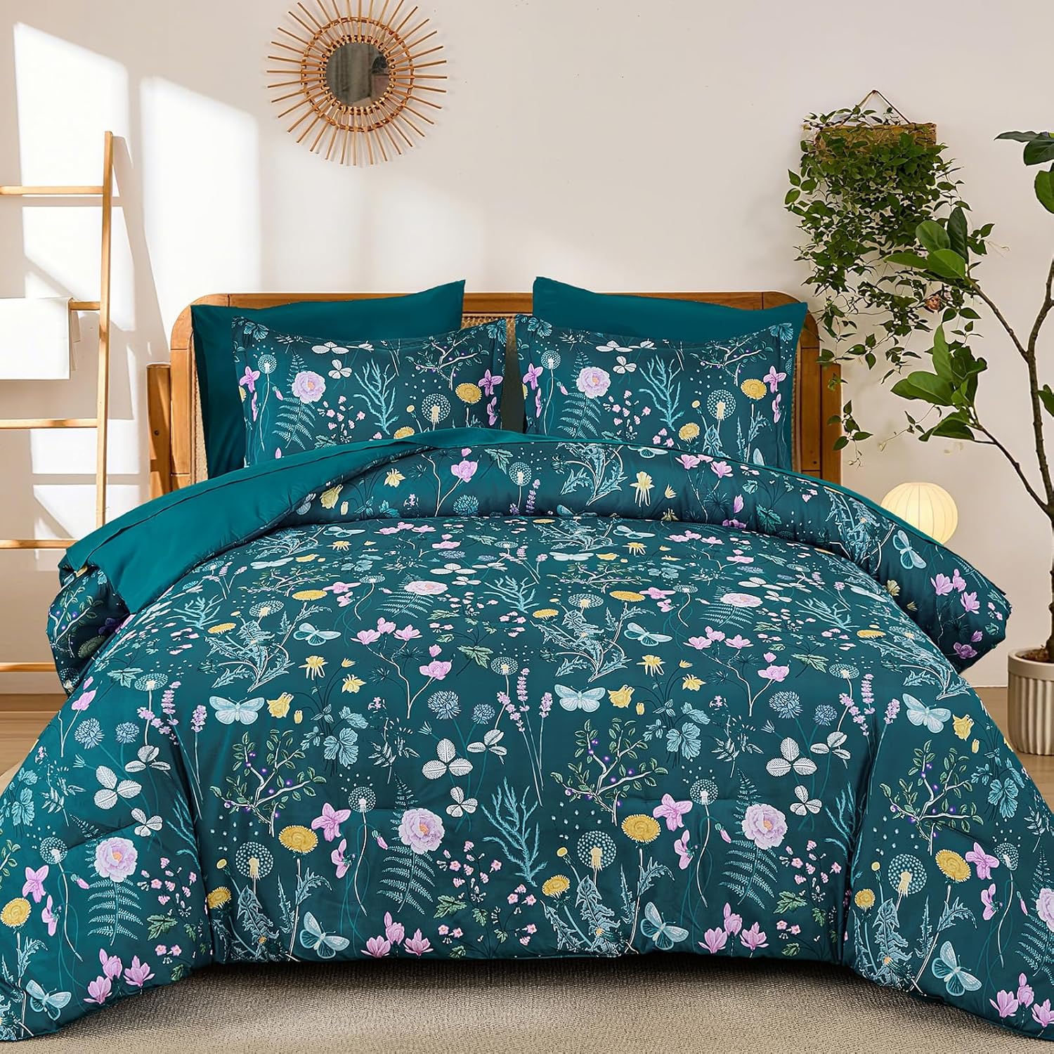 Yiran Queen Comforter Set 7 Piece, Dark Green Floral Bedding Set, Bed in a Bag Queen with Botanical Flowers Patterns, Soft Microfiber Complete Bedding Set with Sheets for All Season - Image 19