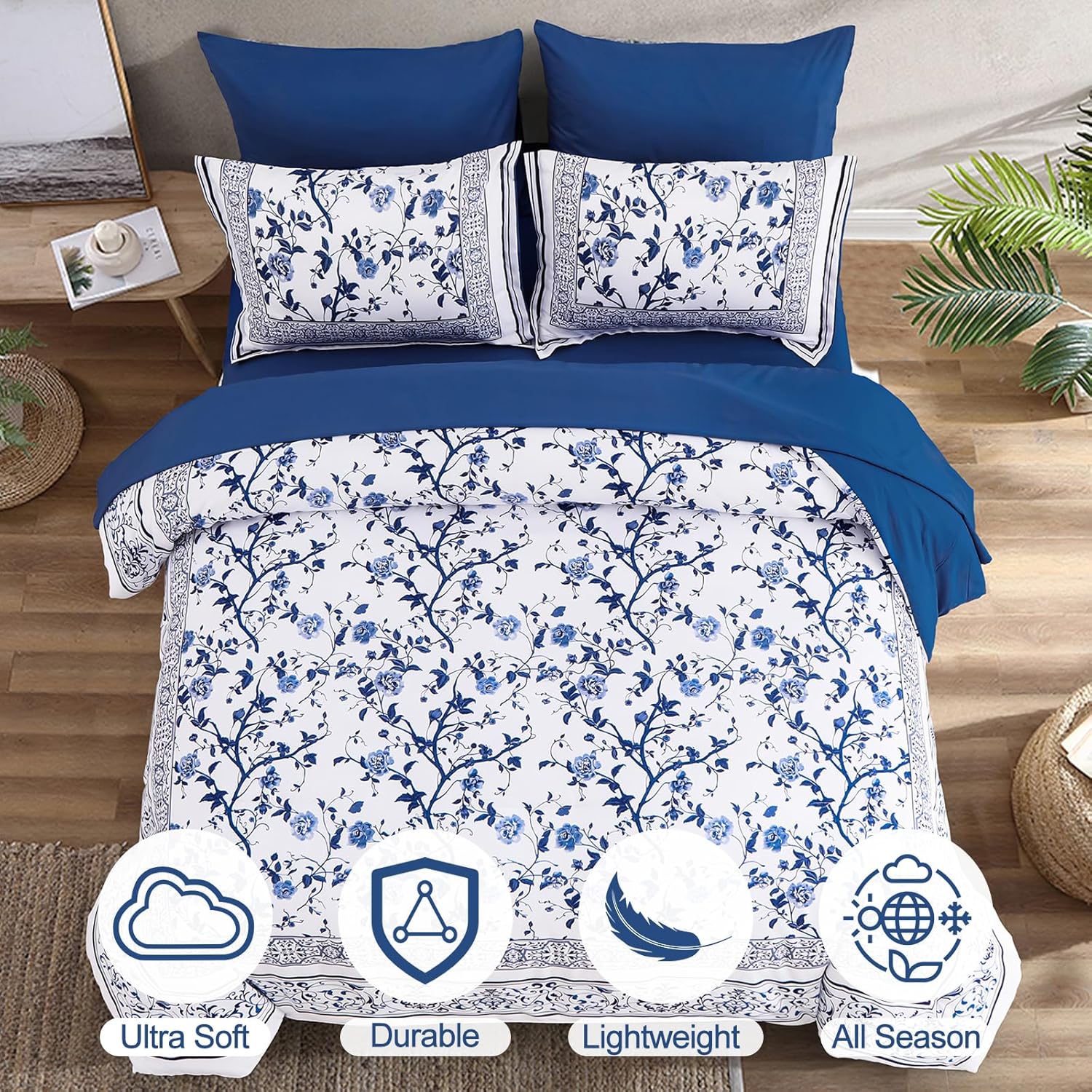 Dobuyly Floral Queen Comforter Set, 7 Piece Bed in a Bag Queen Size Blue Flowers on White Botanical Bedding Set, Soft Microfiber Bedding Comforter Sets with Sheets for All Season - Image 3