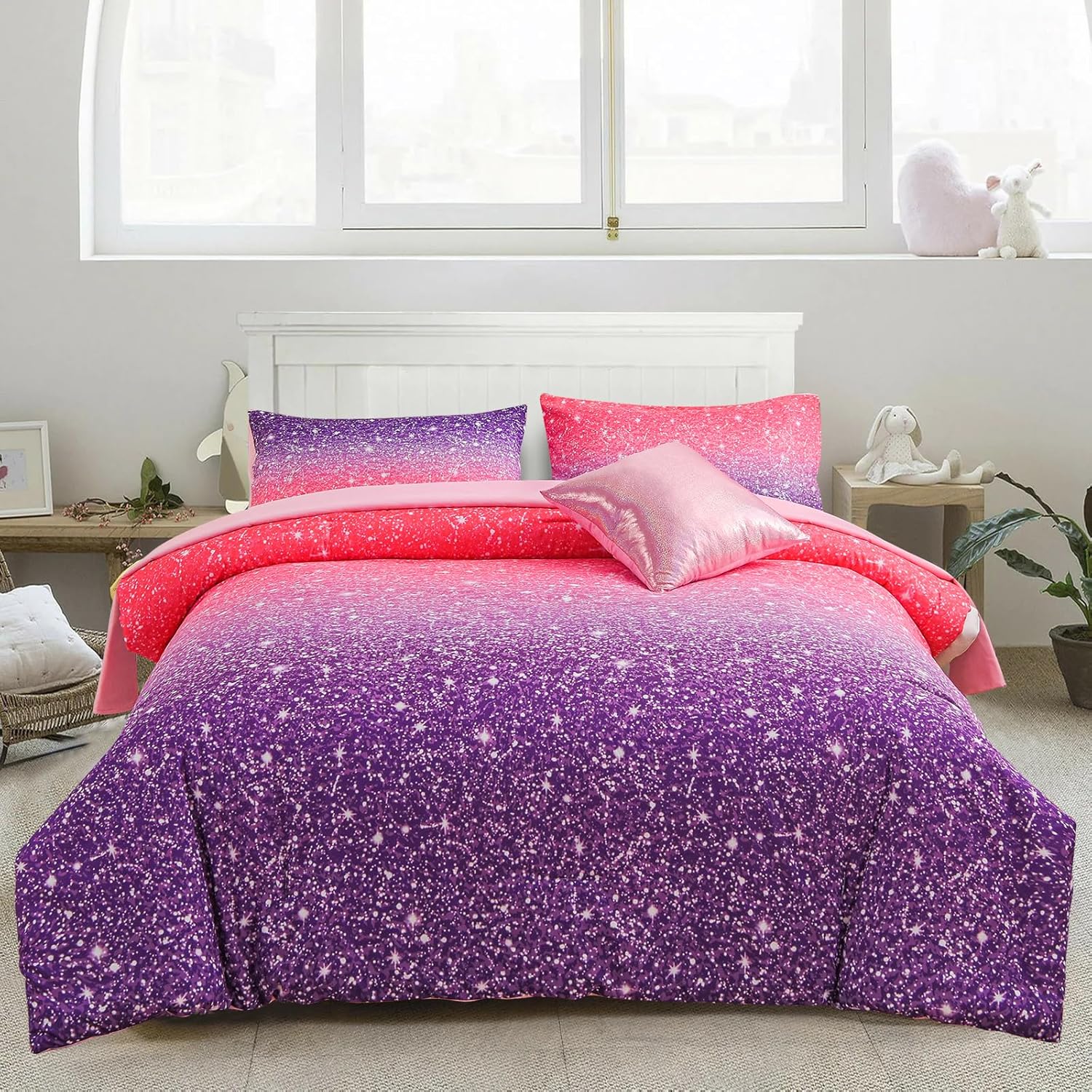 A Nice Night 6Pcs Gradient Glitter Bedding Set for Girls Full Size, Colorful Rainbow Galaxy Comforter Set, Ultra Soft Bedding Sets, Pink - Image 14