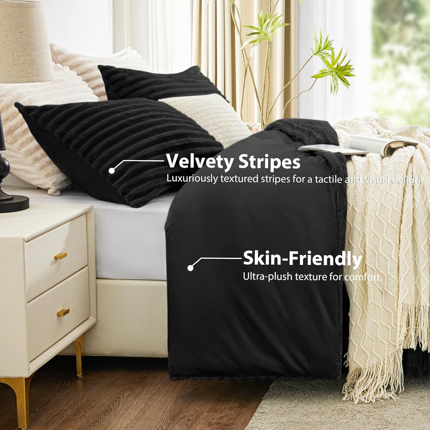 EXQ Home Fluffy Comforter Set Queen Size - Super Soft Faux Fur Stripe Jacquard Comforter 3 Pieces, Black Fleece Bedding Set,Winter Warm Bed Set,1 Comforter with 2 Pillowcases - Image 3
