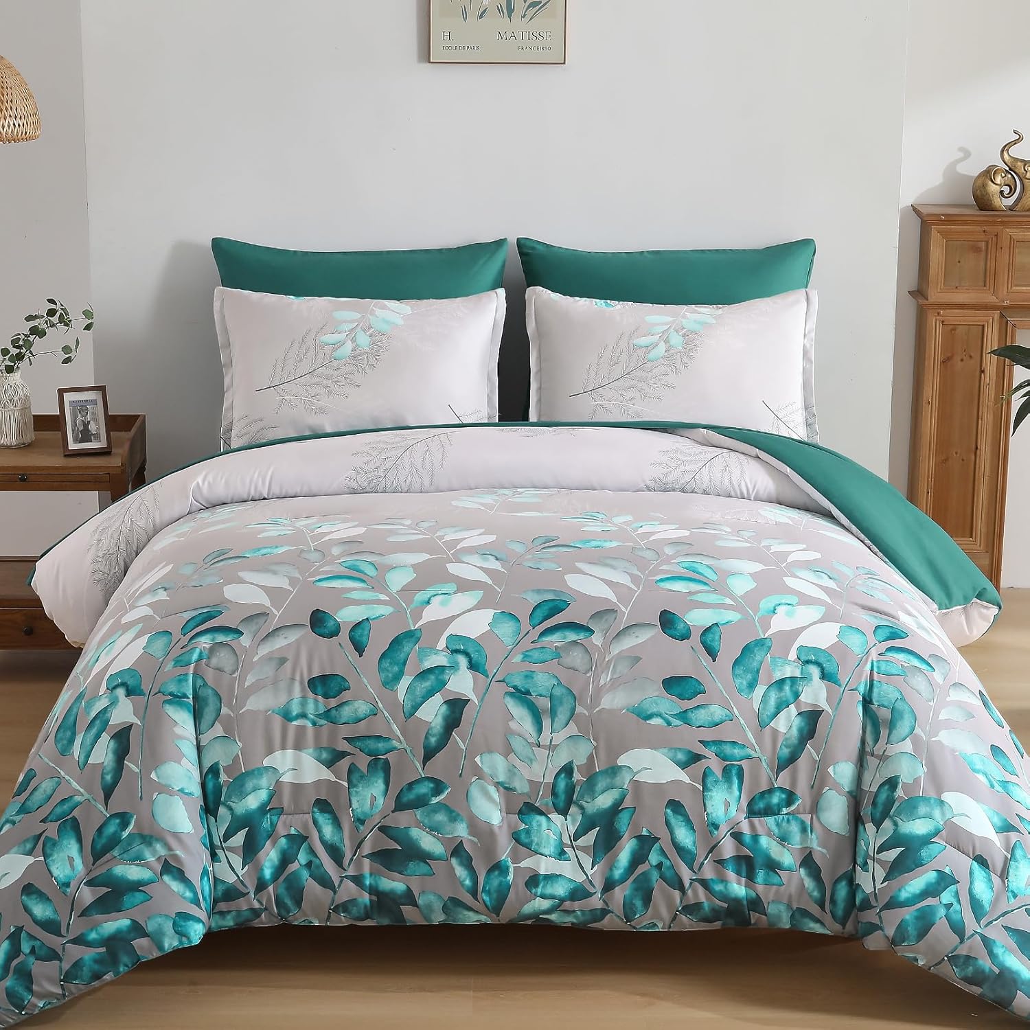 Blue Floral Comforter Set Queen Size 7 Piece Navy Botanical Gradient Leaves Ultra Soft Microfiber Down Alternative Bedding Set Lightweight Reversible Boho Bed Comforter Set for All Season 90" x 90" - Image 11