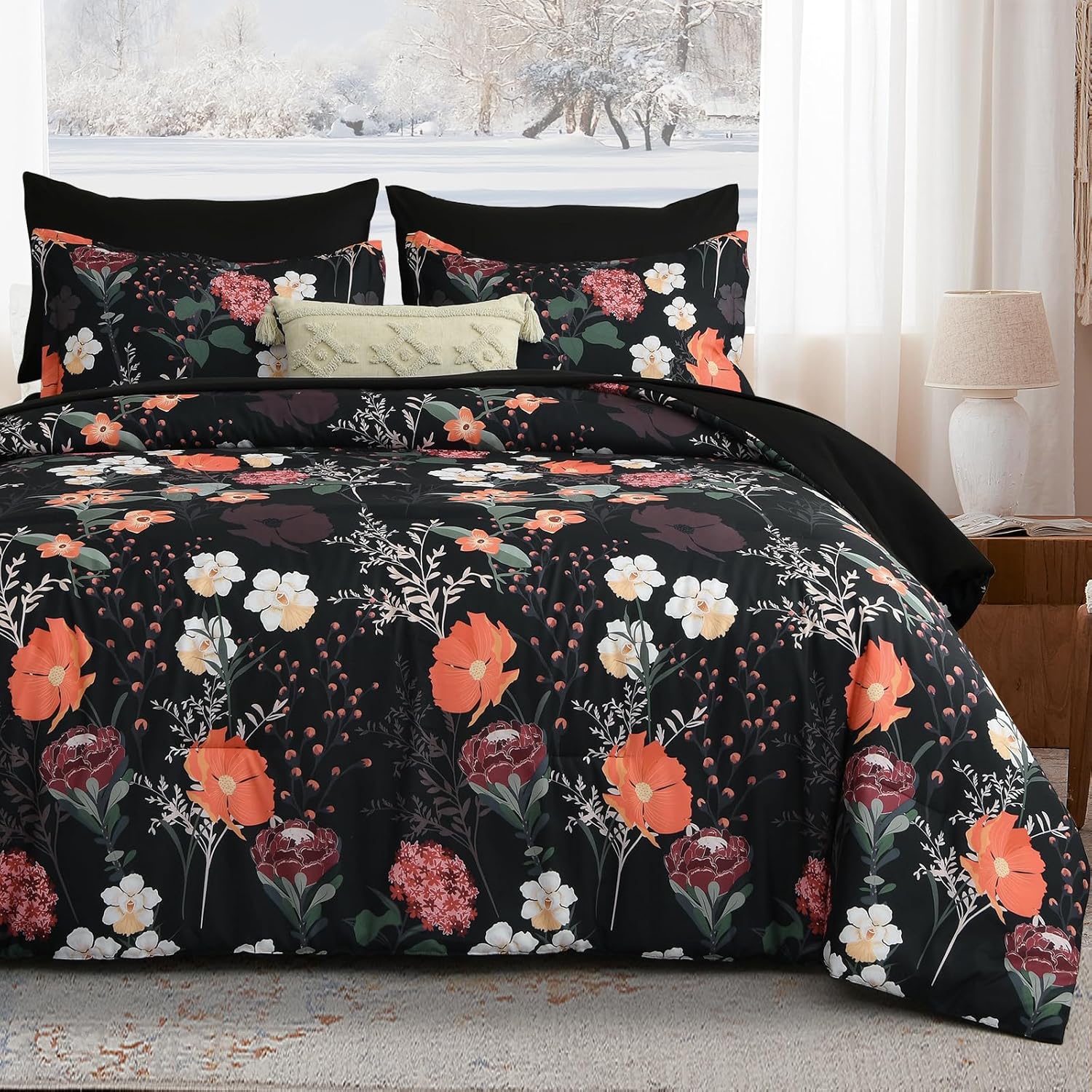 Yiran Queen Comforter Set 7 Piece, Dark Green Floral Bedding Set, Bed in a Bag Queen with Botanical Flowers Patterns, Soft Microfiber Complete Bedding Set with Sheets for All Season - Image 8