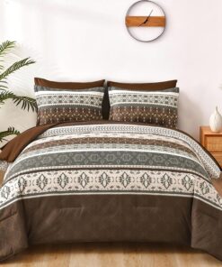 WONGS BEDDING Boho Comforter Set Queen, 7 Pieces Brown Comforter Bedding Set,Bohemian Paisley Floral Bed in a Bag,Soft Microfiber Striped Comforter Bedding Sets for All Season