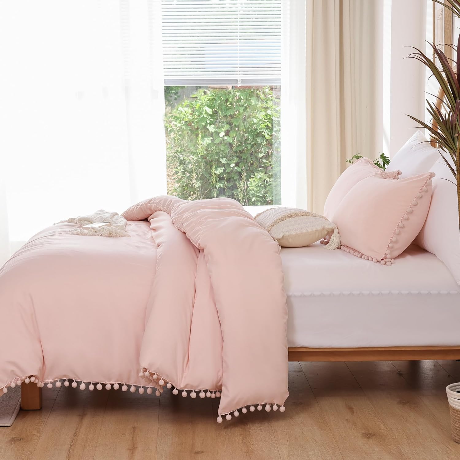 YIRDDEO Queen Comforter Set - Comforter Queen Size Sets with Ball Pom Fringe, Soft Bedding Set for All Seasons - 3 Pieces, 1 Comforter (90"x90") & 2 Pillow Shams (20"x26"), Blush - Image 3